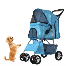 4 Wheel Pet Stroller for Cat, Dog and More, Foldable Carrier Strolling Cart, Folding Cat Jogger Stroller with Storage Basket & Breathable Mesh, Blue White Dots