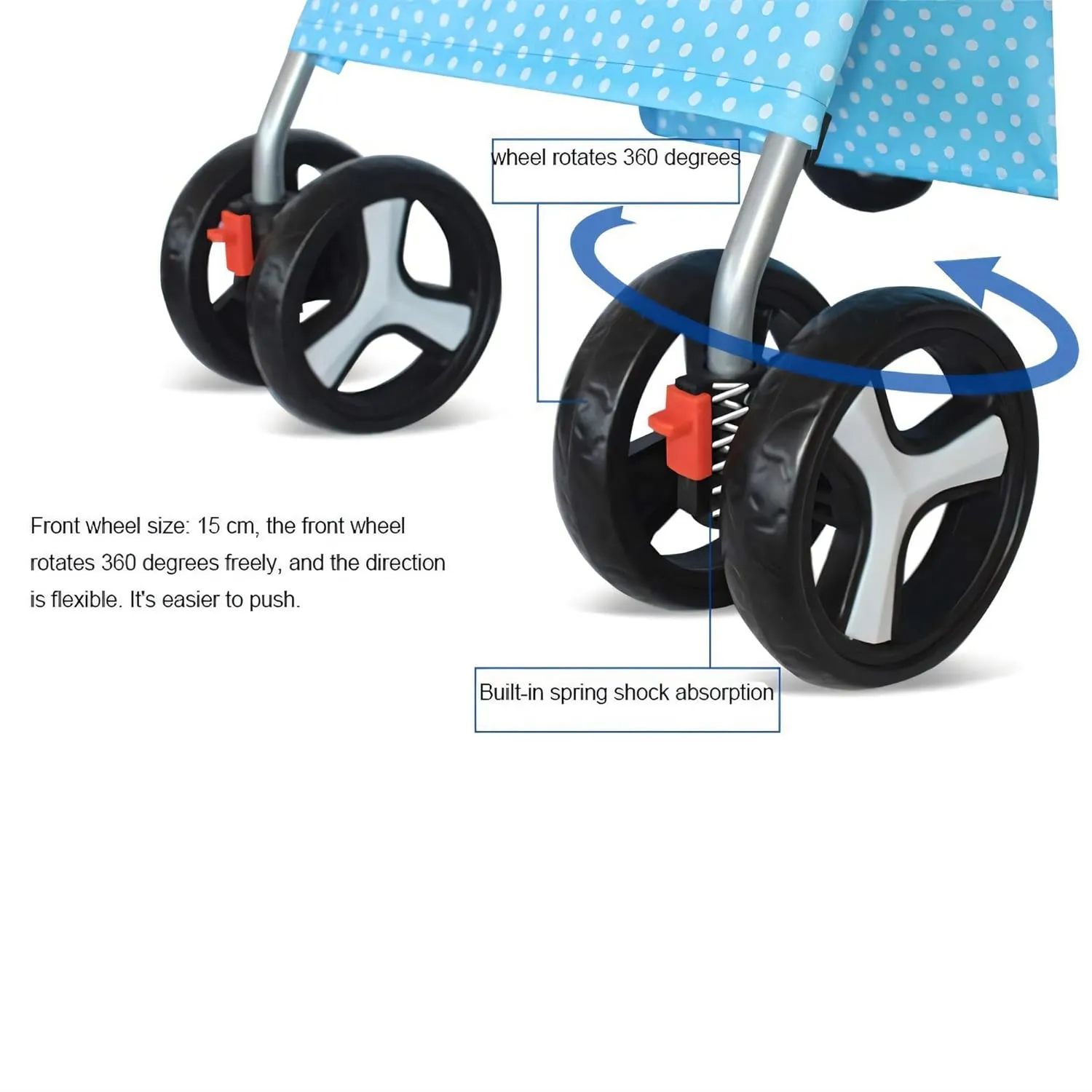 4 Wheel Pet Stroller for Cat, Dog and More, Foldable Carrier Strolling Cart, Folding Cat Jogger Stroller with Storage Basket & Breathable Mesh, Blue White Dots
