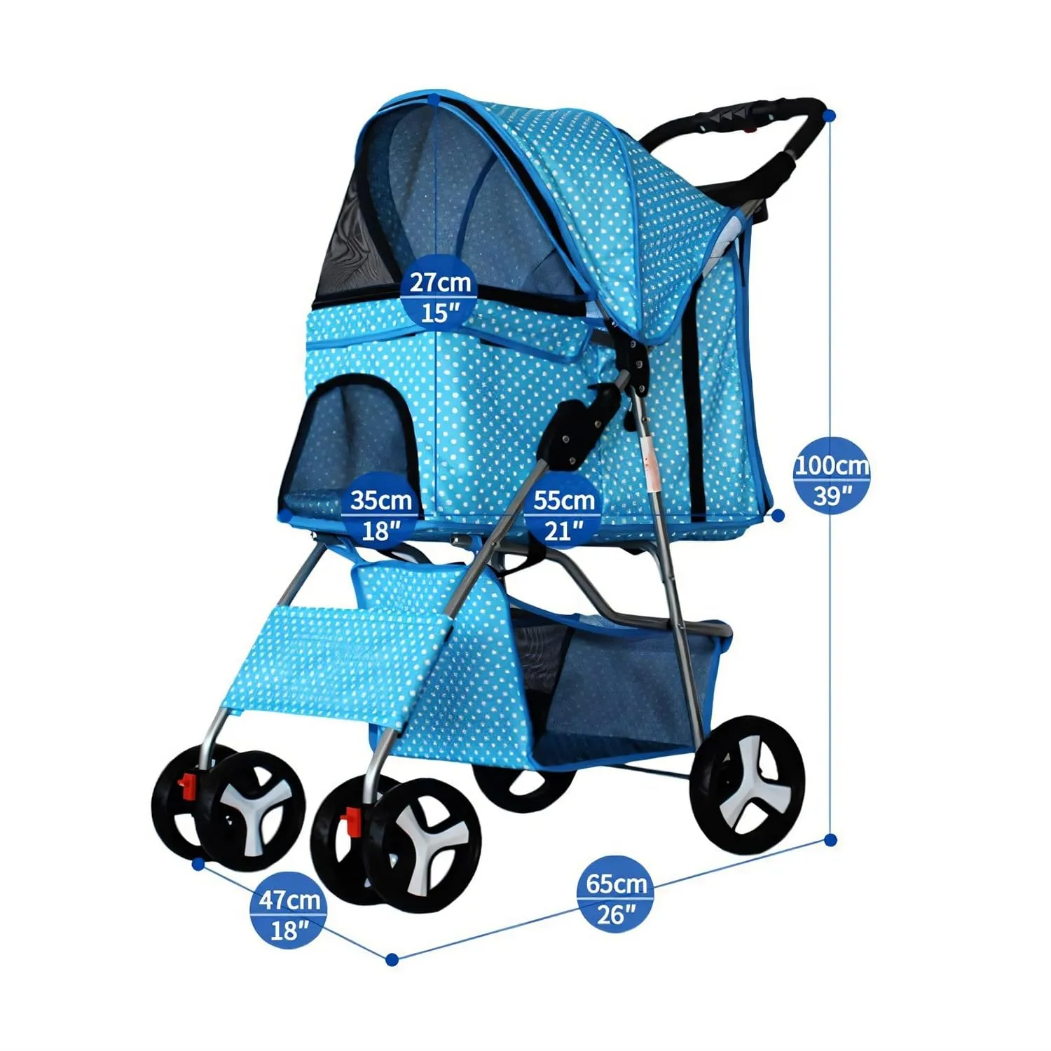 4 Wheel Pet Stroller for Cat, Dog and More, Foldable Carrier Strolling Cart, Folding Cat Jogger Stroller with Storage Basket & Breathable Mesh, Blue White Dots