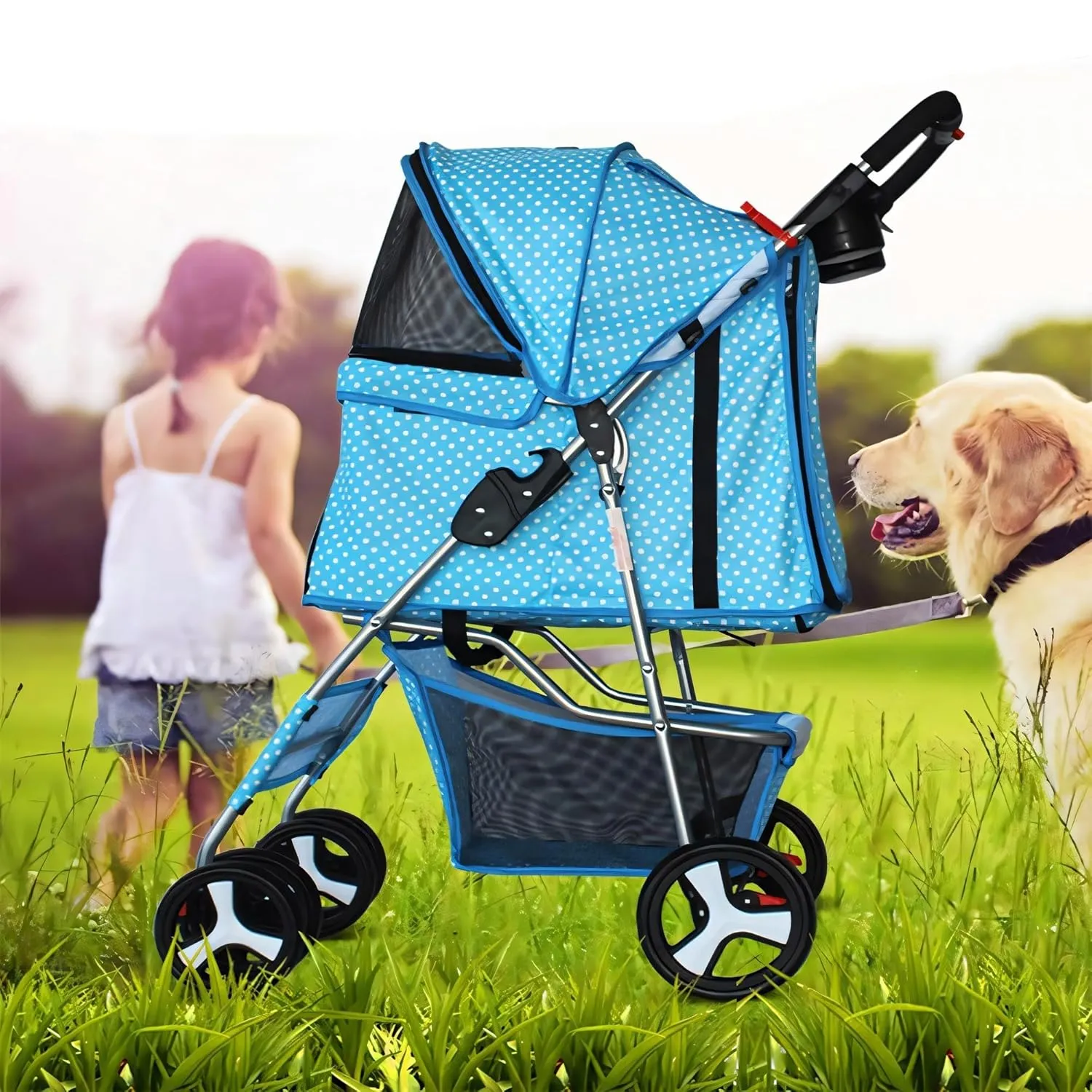 4 Wheel Pet Stroller for Cat, Dog and More, Foldable Carrier Strolling Cart, Folding Cat Jogger Stroller with Storage Basket & Breathable Mesh, Blue White Dots