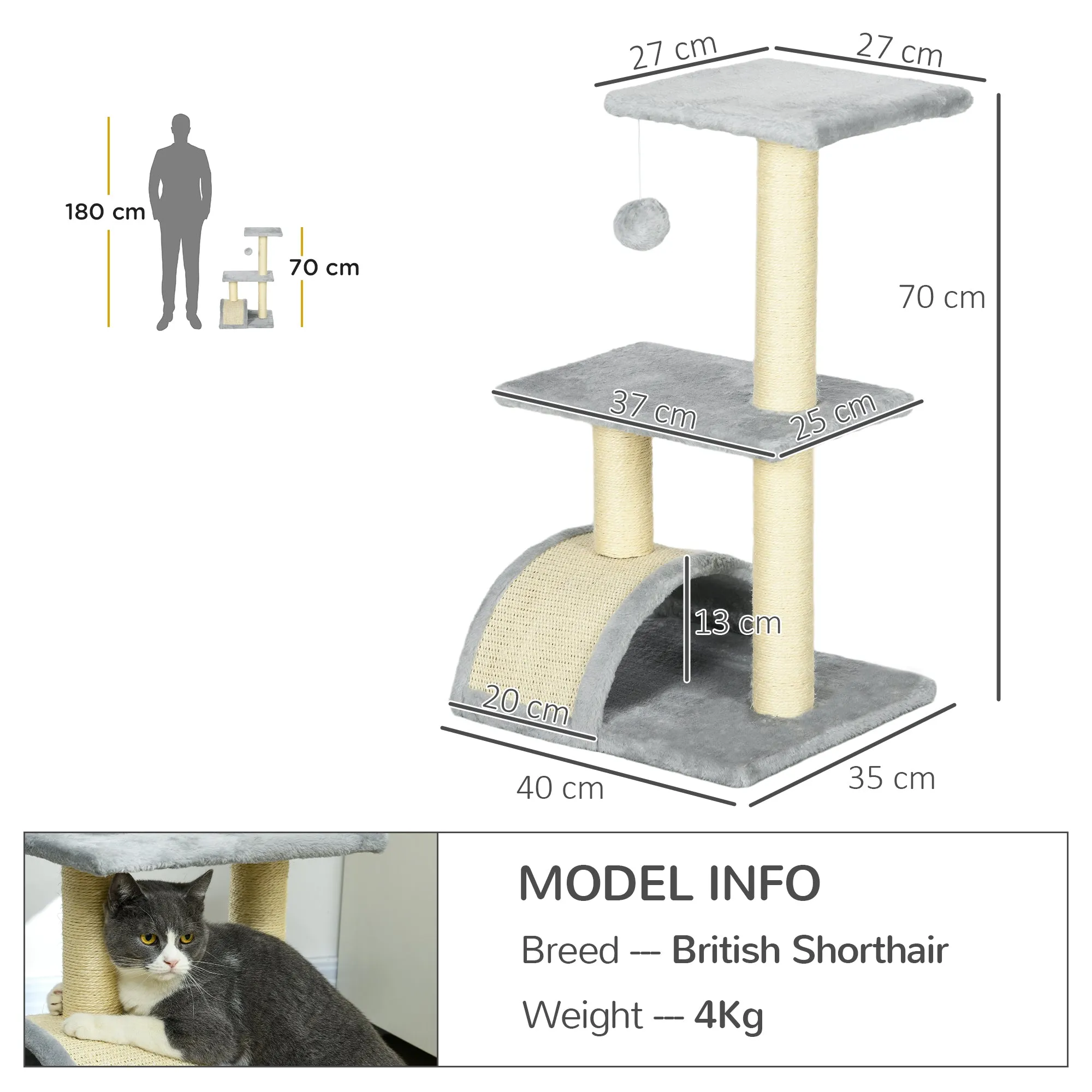 72cm Cat Tree Tower for Indoor Cats Multi-level Climbing Activity Centre with Sisal Scratching Post Pad Hanging Ball Toy Light Grey
