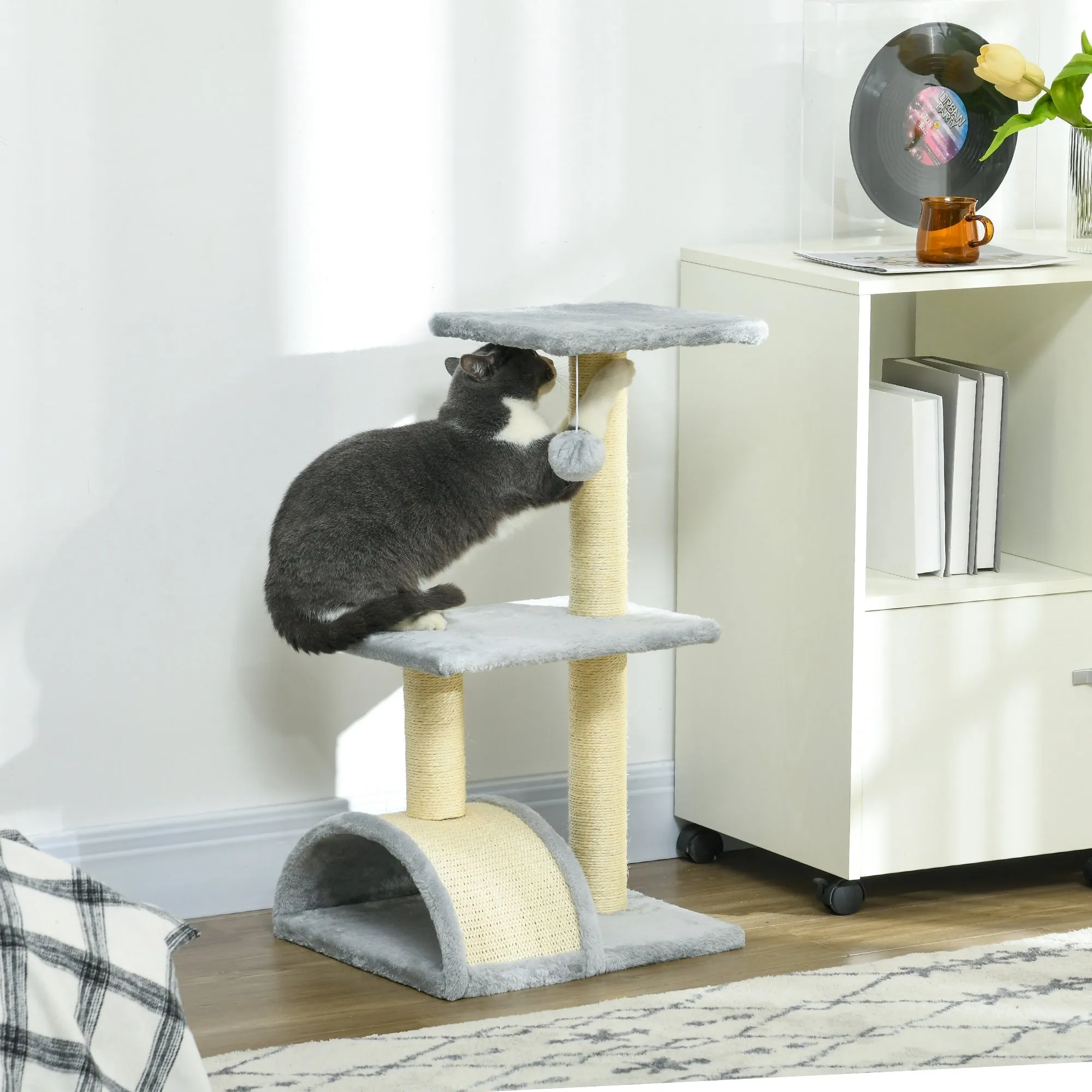 72cm Cat Tree Tower for Indoor Cats Multi-level Climbing Activity Centre with Sisal Scratching Post Pad Hanging Ball Toy Light Grey