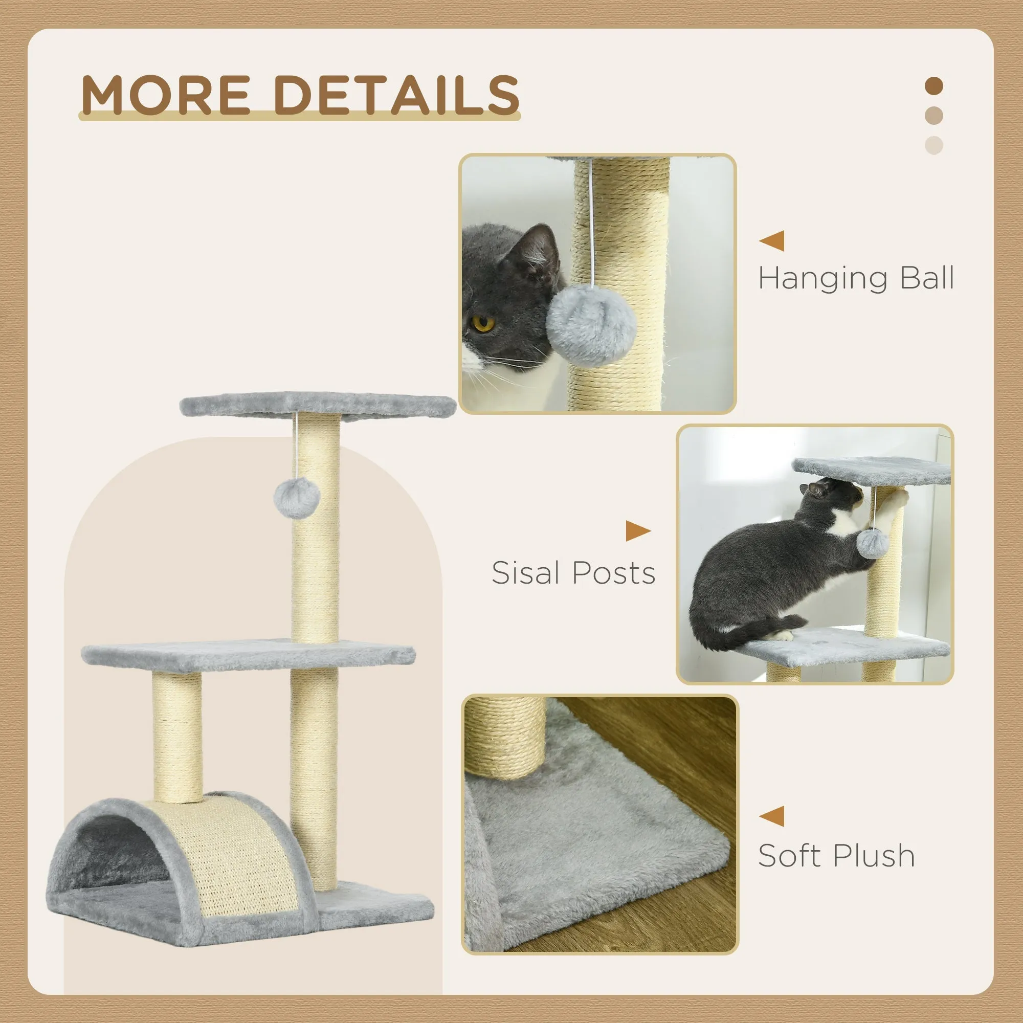 72cm Cat Tree Tower for Indoor Cats Multi-level Climbing Activity Centre with Sisal Scratching Post Pad Hanging Ball Toy Light Grey
