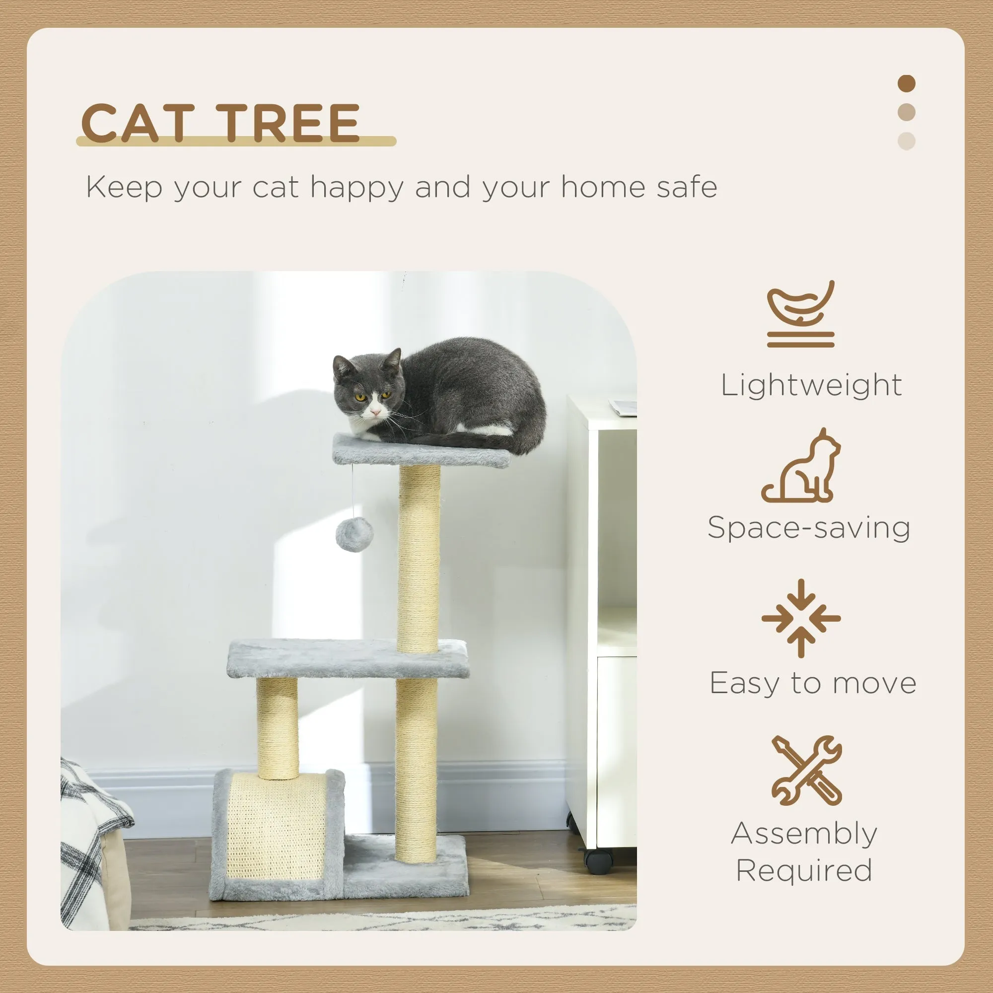 72cm Cat Tree Tower for Indoor Cats Multi-level Climbing Activity Centre with Sisal Scratching Post Pad Hanging Ball Toy Light Grey