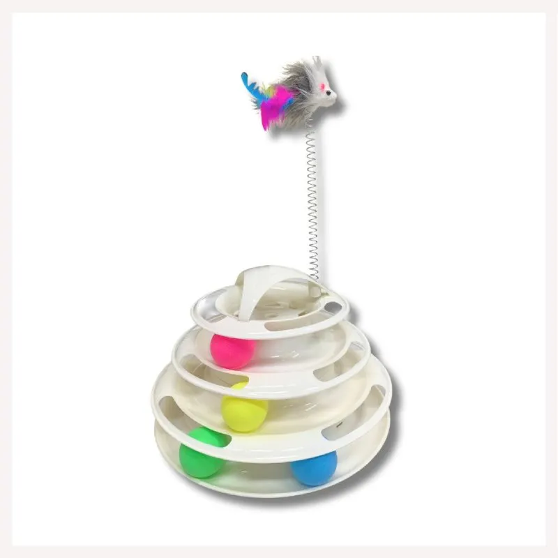 A a Pets' 3-Layer Tower Toy for Cat with 4 Balls and Free Mouse Stick