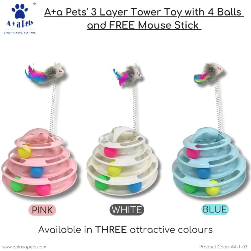 A a Pets' 3-Layer Tower Toy for Cat with 4 Balls and Free Mouse Stick