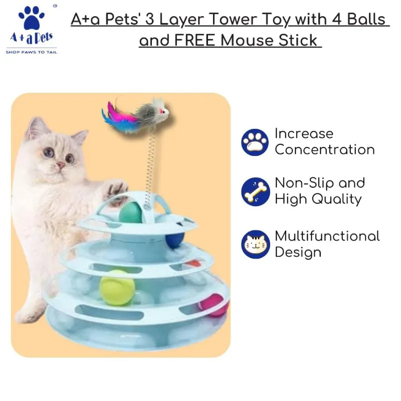 A a Pets' 3-Layer Tower Toy for Cat with 4 Balls and Free Mouse Stick
