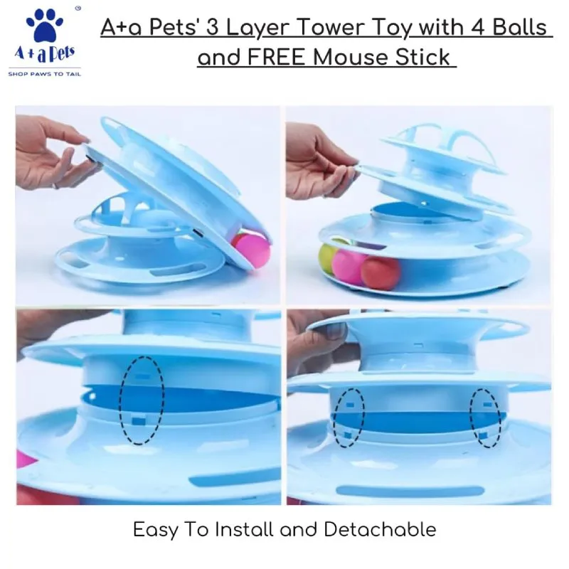 A a Pets' 3-Layer Tower Toy for Cat with 4 Balls and Free Mouse Stick