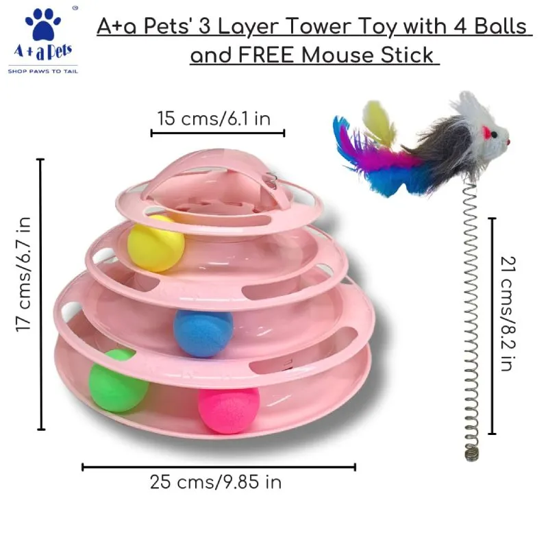A a Pets' 3-Layer Tower Toy for Cat with 4 Balls and Free Mouse Stick