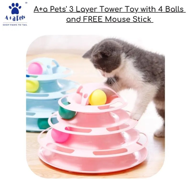 A a Pets' 3-Layer Tower Toy for Cat with 4 Balls and Free Mouse Stick