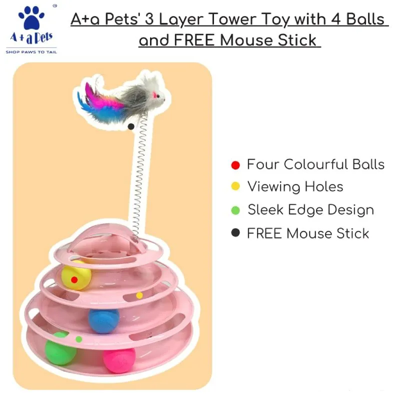 A a Pets' 3-Layer Tower Toy for Cat with 4 Balls and Free Mouse Stick