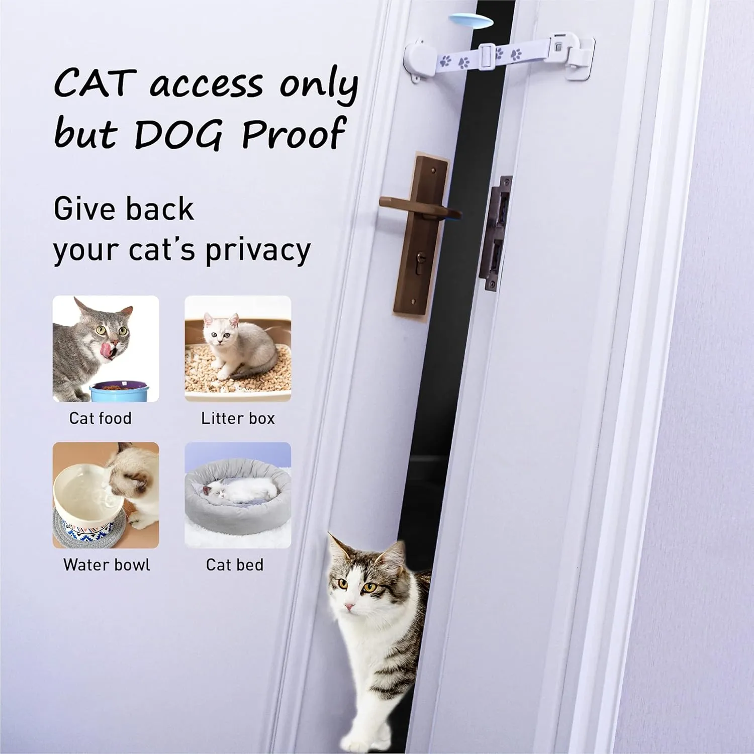Adjustable Door Strap and Latch, Textile Cat Door Latch to Keep Dog Out of Litter Box, Economical Alternative of Pet Gates, Basic with Stopper 1 Pack