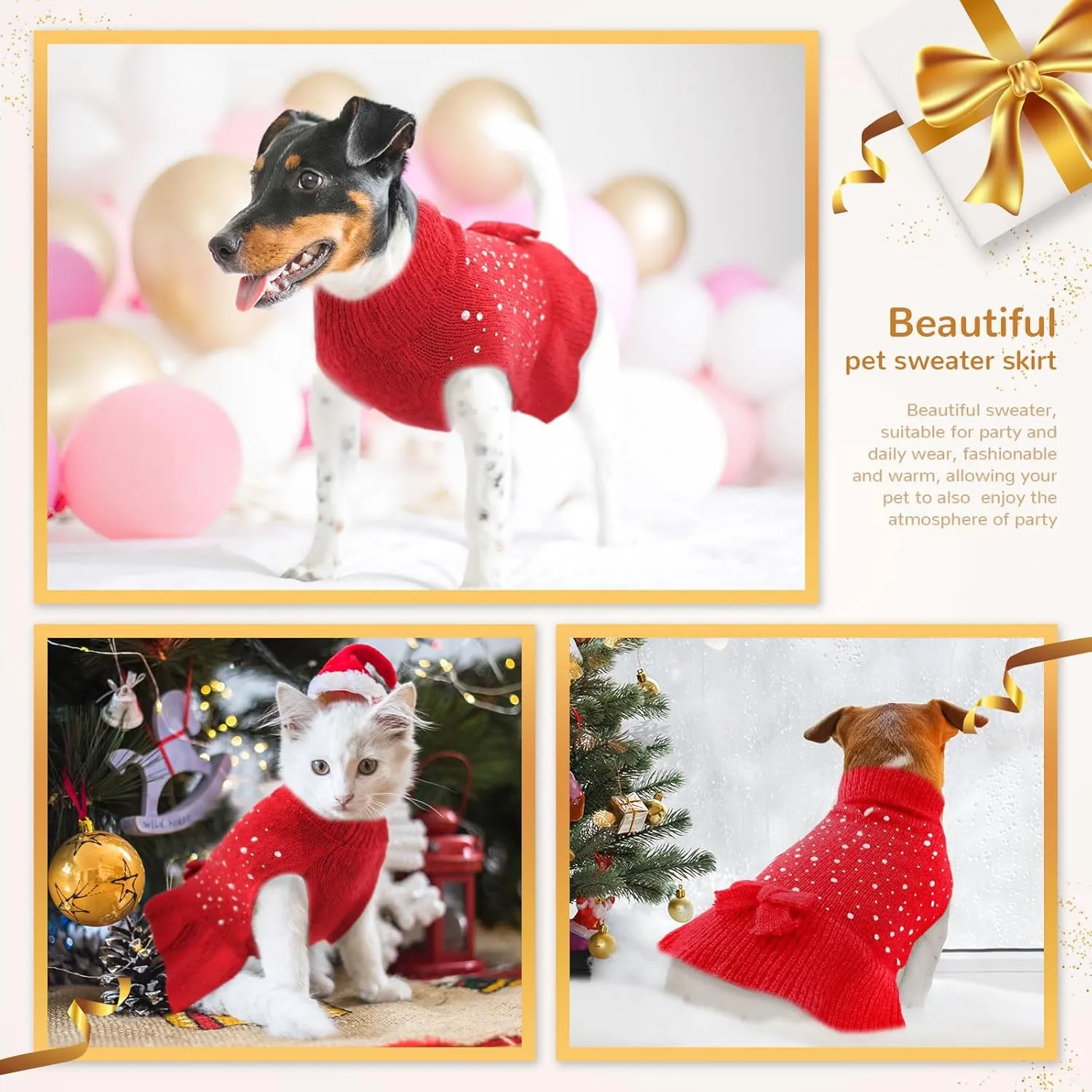 BAEJMJK Dog Sweater Dress with Leash Hole for Small Medium Dogs Warm Turtleneck Girl Dog Pullover Knitwear Cute Pet Puppy Cat Knitted Clothes for Yorkie Shih Tzu MalteseRed,Large
