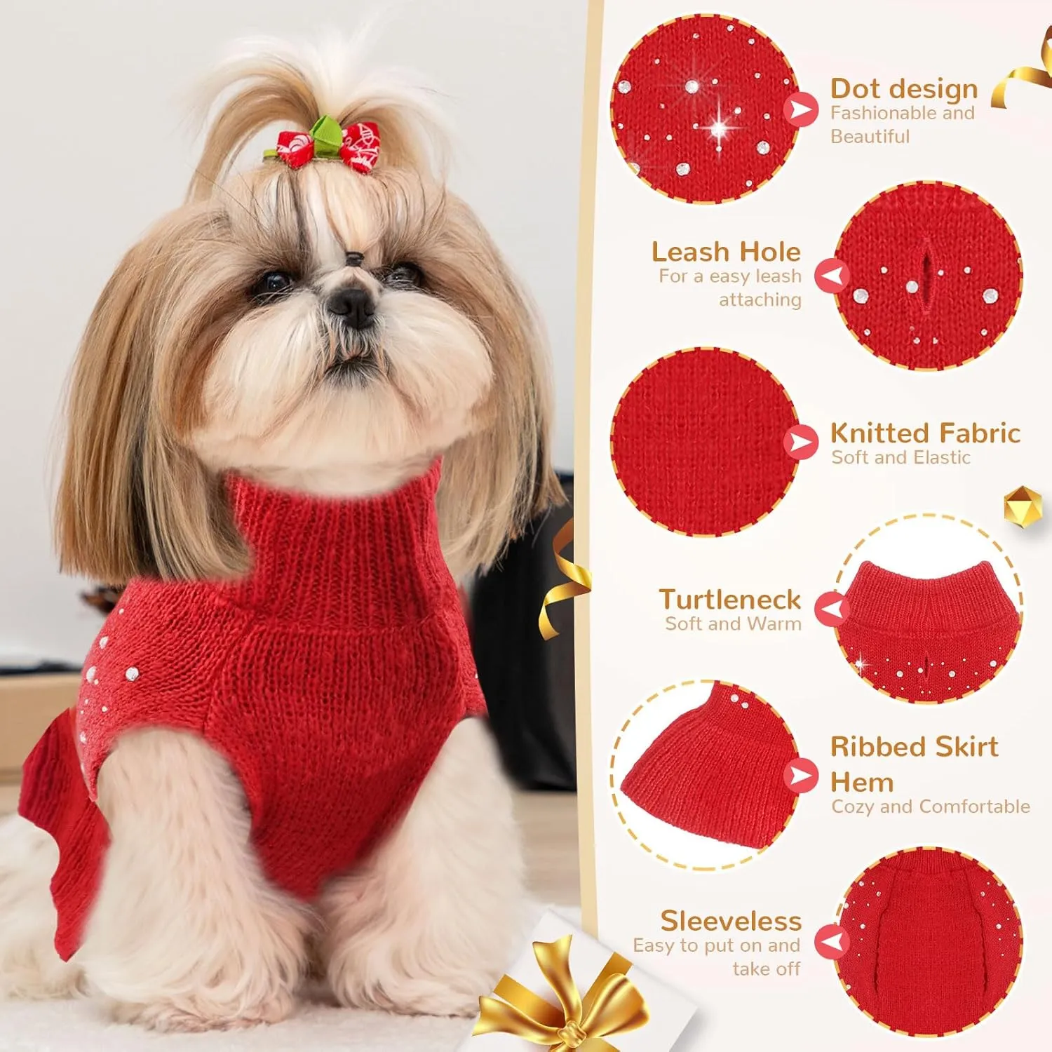 BAEJMJK Dog Sweater Dress with Leash Hole for Small Medium Dogs Warm Turtleneck Girl Dog Pullover Knitwear Cute Pet Puppy Cat Knitted Clothes for Yorkie Shih Tzu MalteseRed,Large