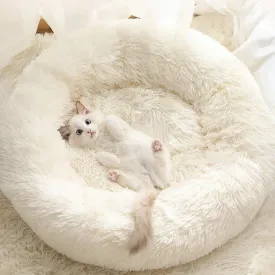 Cat and Dog Bed, 20''x20'' Washable Donut, Soft Plush Pet Cushion, Waterproof Bottom, Fluffy Calming Self-Warming for Indoor Cats, Sleep Improvement, White