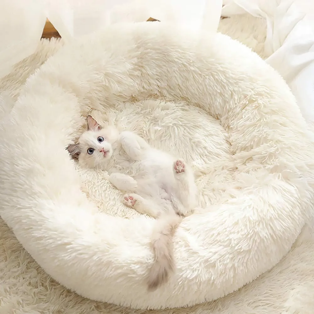 Cat and Dog Bed, 20''x20'' Washable Donut, Soft Plush Pet Cushion, Waterproof Bottom, Fluffy Calming Self-Warming for Indoor Cats, Sleep Improvement, White