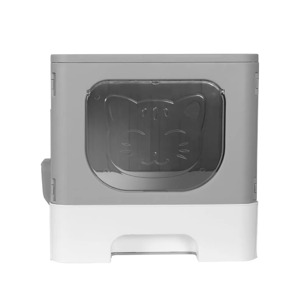 Cat Litter Box Large Tray Kitty Toilet Enclosed Hooded Foldable Scoop - Grey