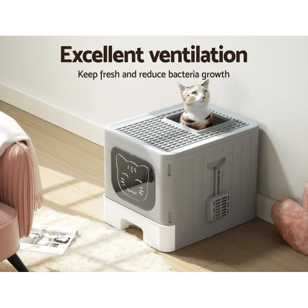 Cat Litter Box Large Tray Kitty Toilet Enclosed Hooded Foldable Scoop - Grey