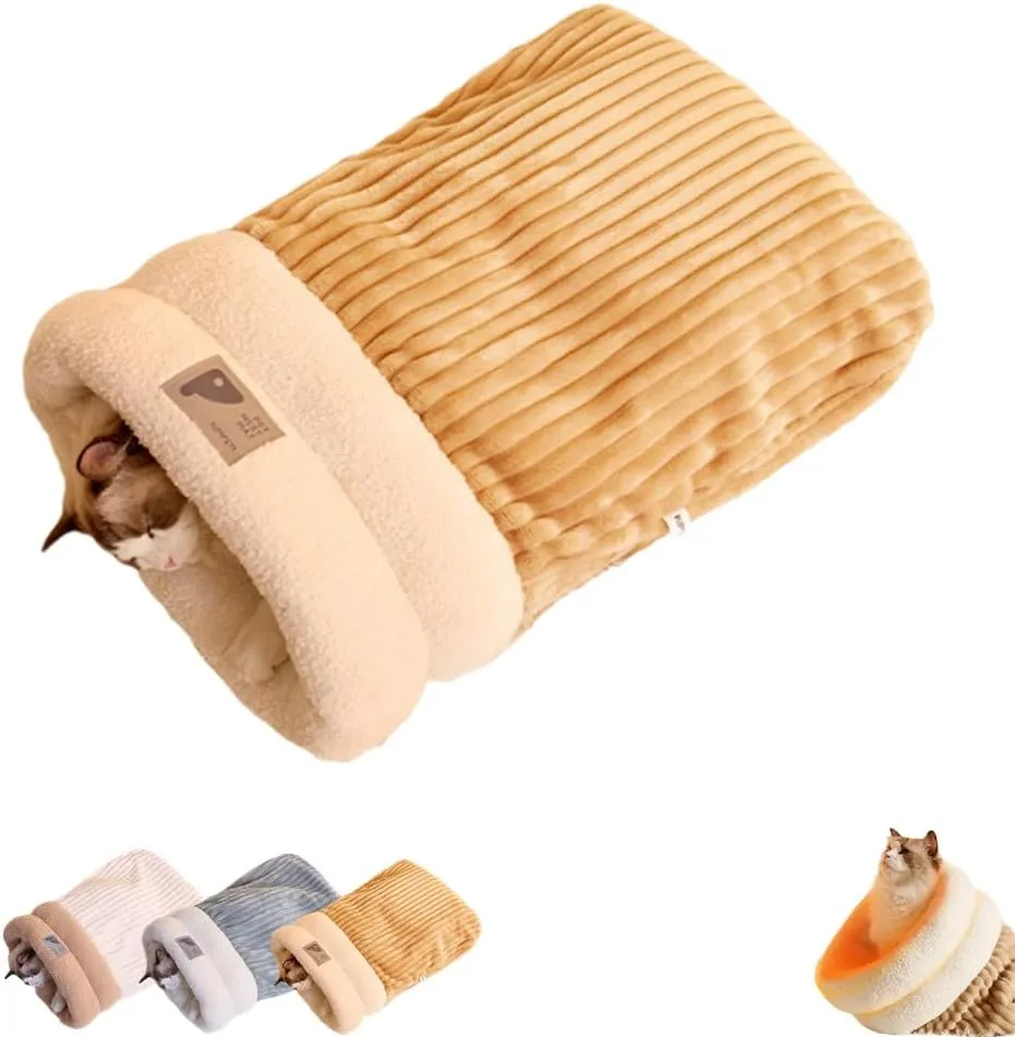 Cat Sleeping Bag Bed, Soft Plush Cat Sack with Winter Warming for Indoor Cats, Hideaways Snuggle Sack for Kitten Puppy (Brown, M-17" x 15")