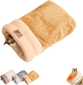 Cat Sleeping Bag Bed, Soft Plush Cat Sack with Winter Warming for Indoor Cats, Hideaways Snuggle Sack for Kitten Puppy (Brown, M-17" x 15")