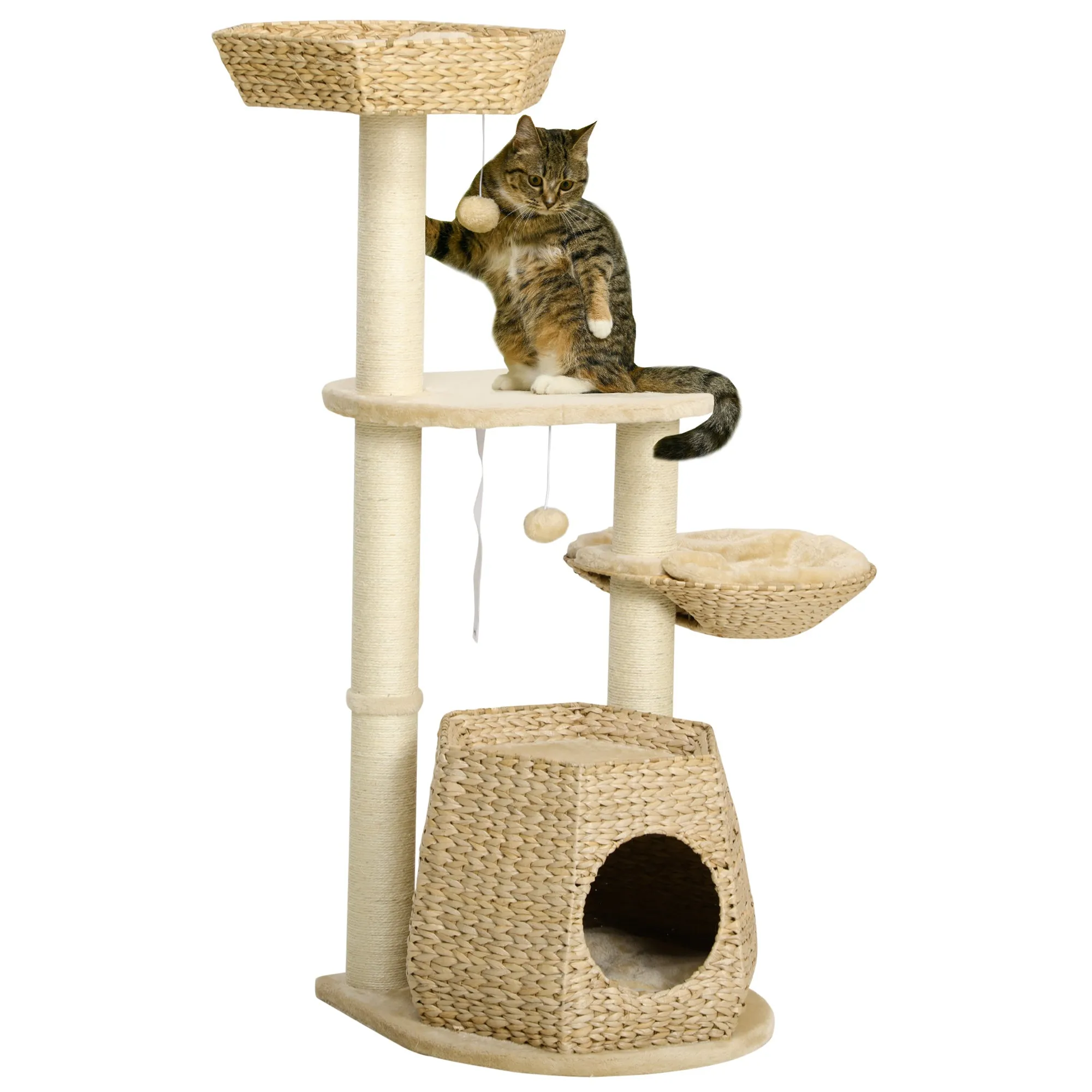 Cat Tree Tower Climbing Activity Centre Kitten FurnitureWith Cattail Bed House Sisal Post Hanging Ball Natural Tone