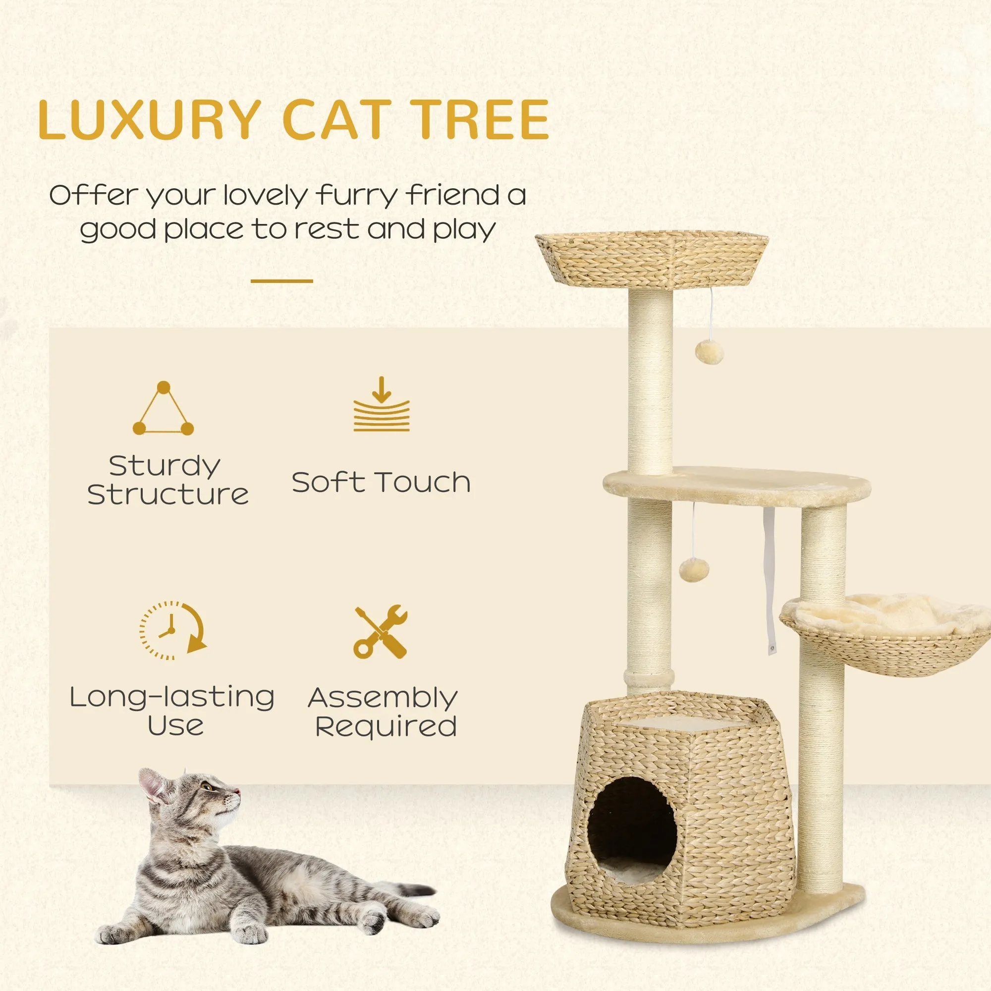 Cat Tree Tower Climbing Activity Centre Kitten FurnitureWith Cattail Bed House Sisal Post Hanging Ball Natural Tone