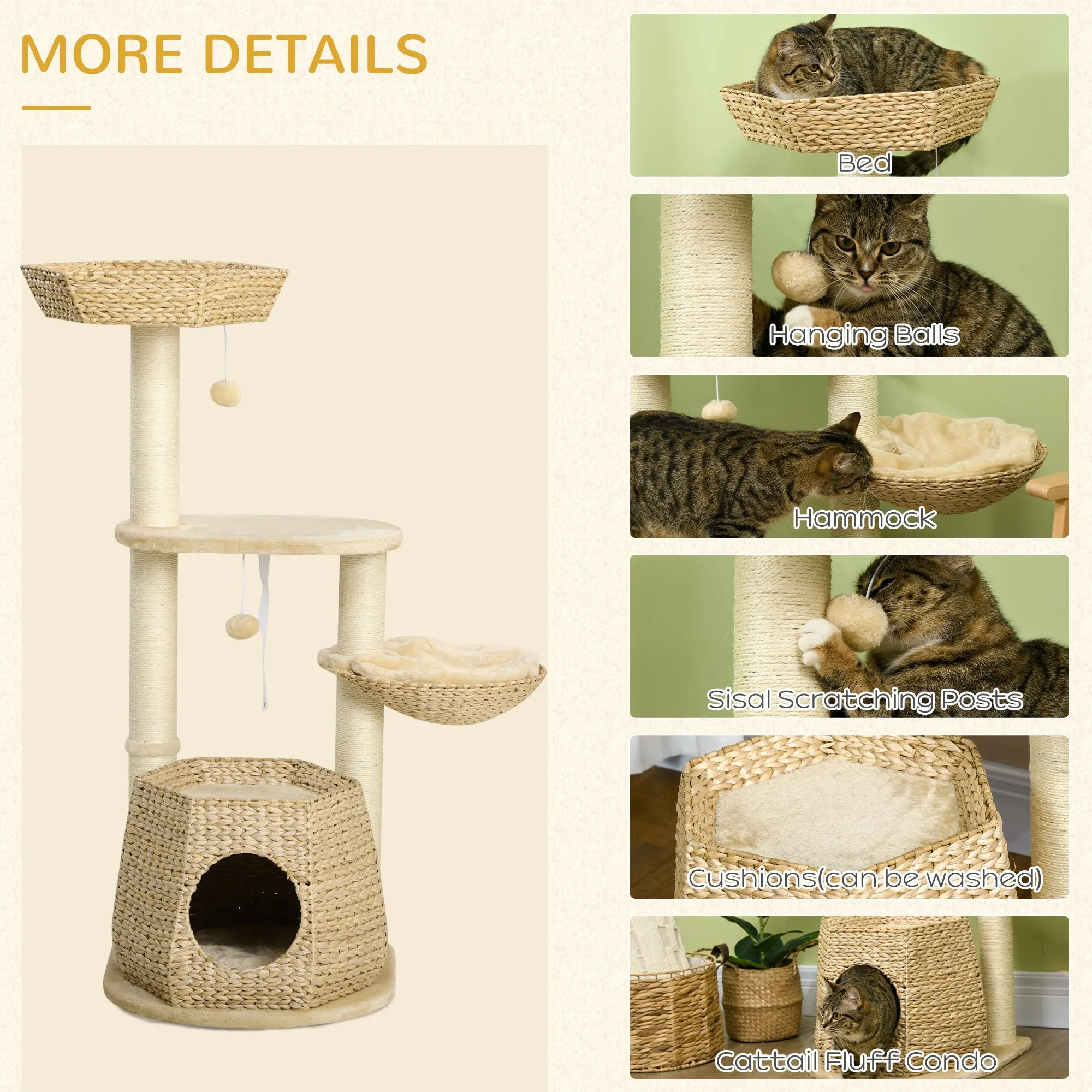 Cat Tree Tower Climbing Activity Centre Kitten FurnitureWith Cattail Bed House Sisal Post Hanging Ball Natural Tone