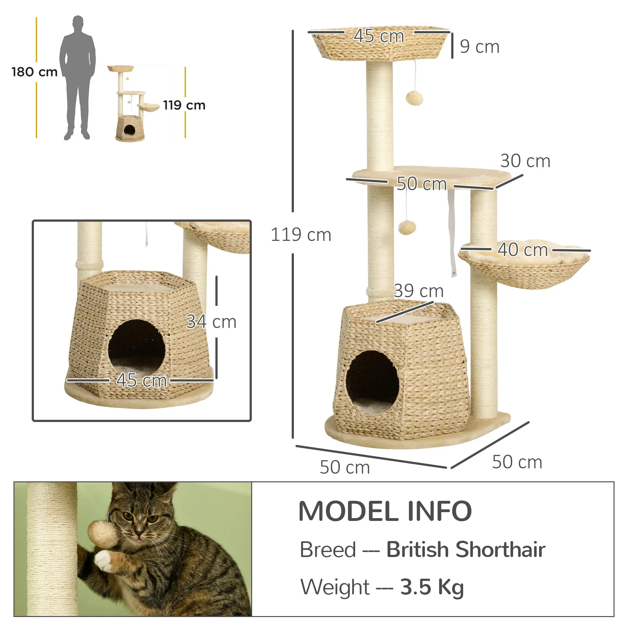 Cat Tree Tower Climbing Activity Centre Kitten FurnitureWith Cattail Bed House Sisal Post Hanging Ball Natural Tone