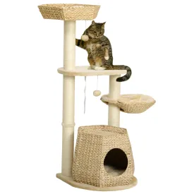 Cat Tree Tower Climbing Activity Centre Kitten FurnitureWith Cattail Bed House Sisal Post Hanging Ball Natural Tone