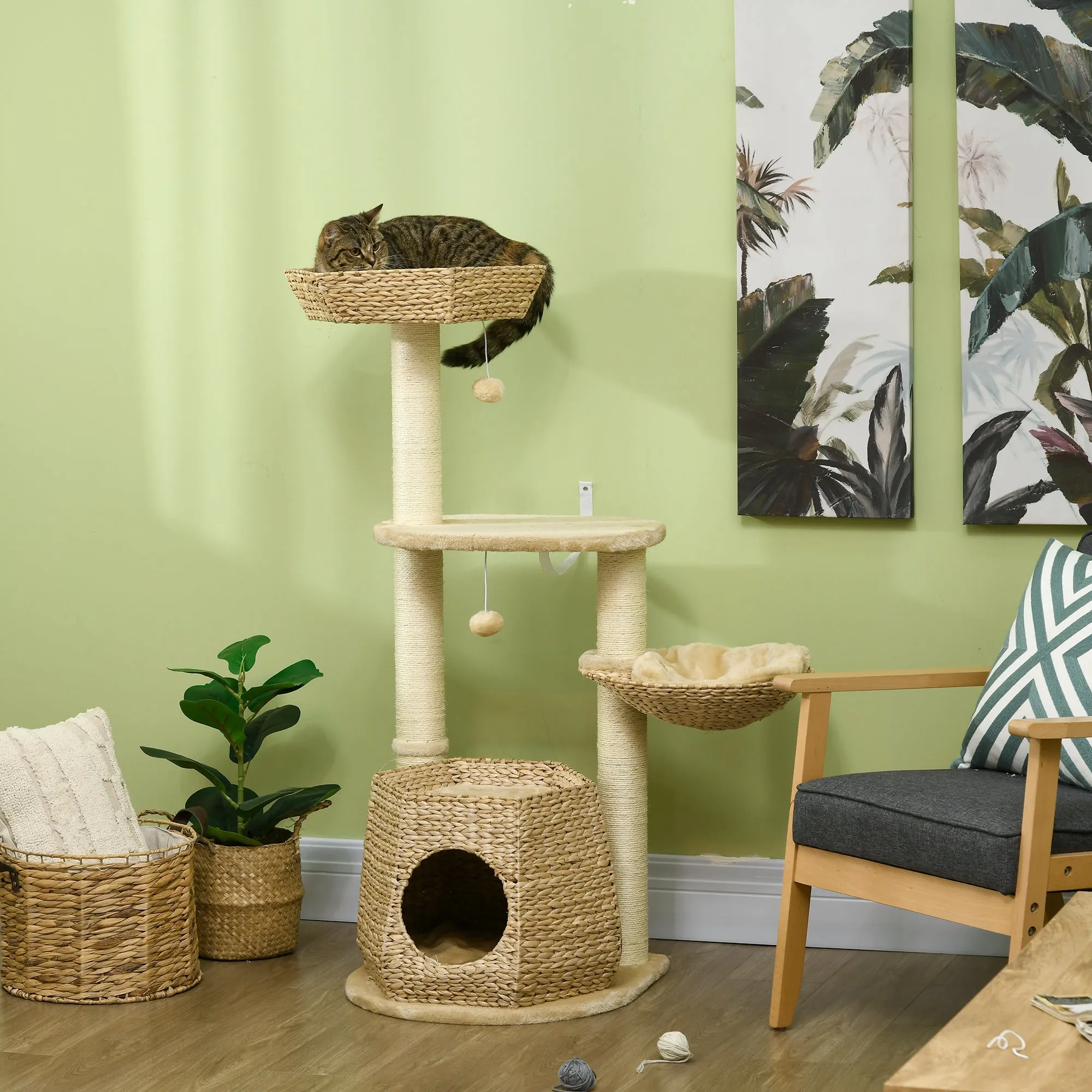 Cat Tree Tower Climbing Activity Centre Kitten FurnitureWith Cattail Bed House Sisal Post Hanging Ball Natural Tone
