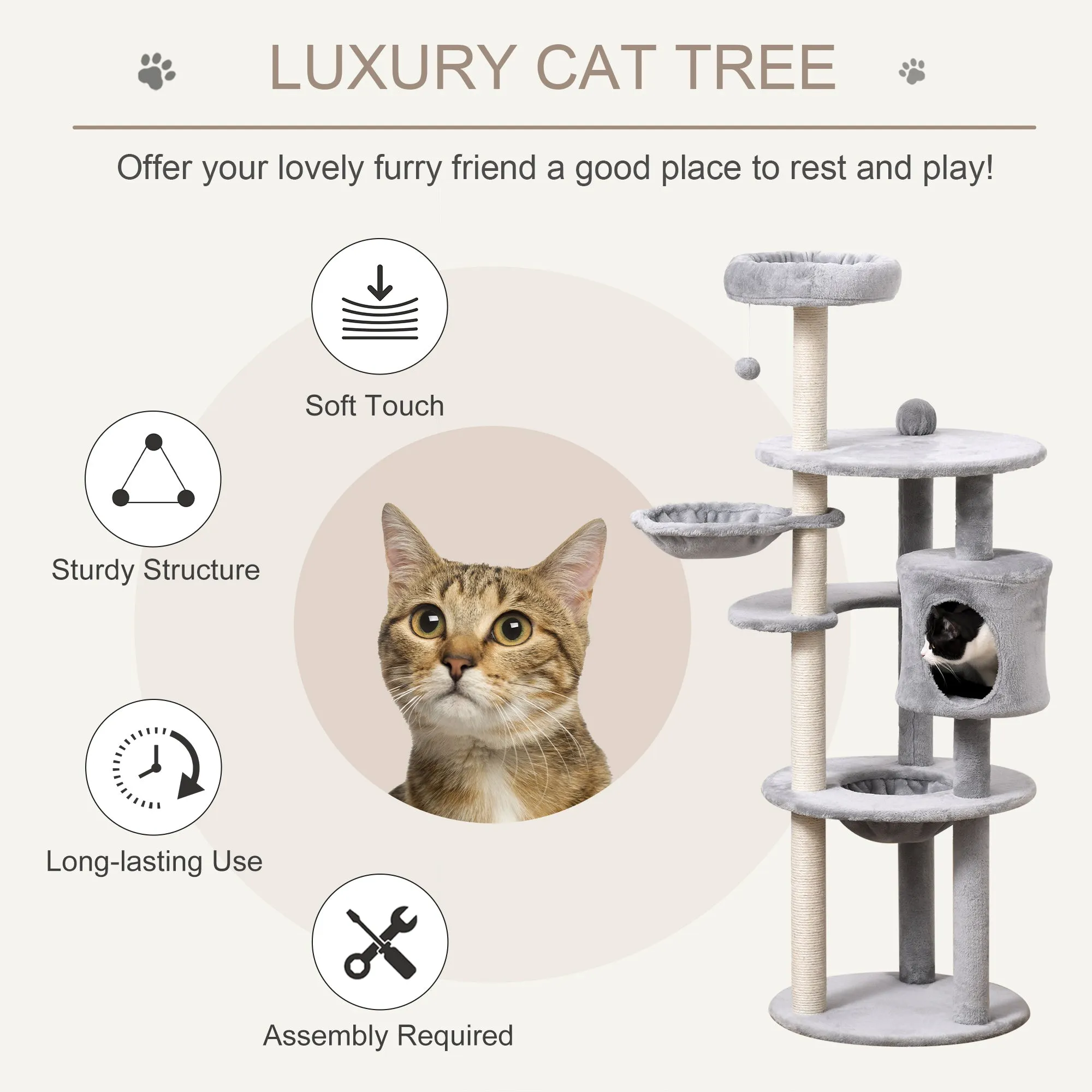 Cat Tree Tower w/ Scratching Posts Hammock Hanging Ball Condo 58 x 58 x 158cm