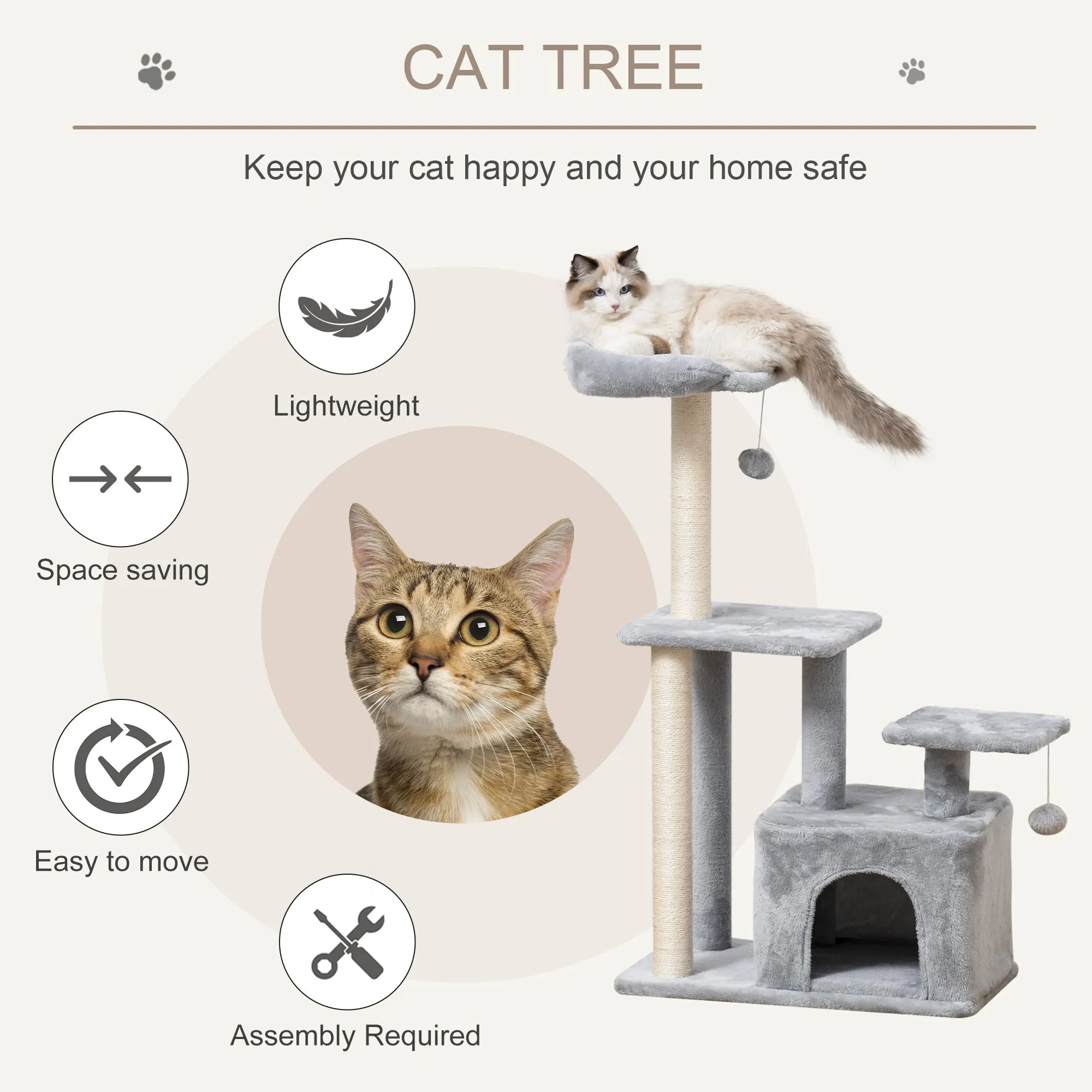 Cat Tree Tower w/ Scratching Posts Sisal Hanging Ball Condo 60 x 40 x 114cm