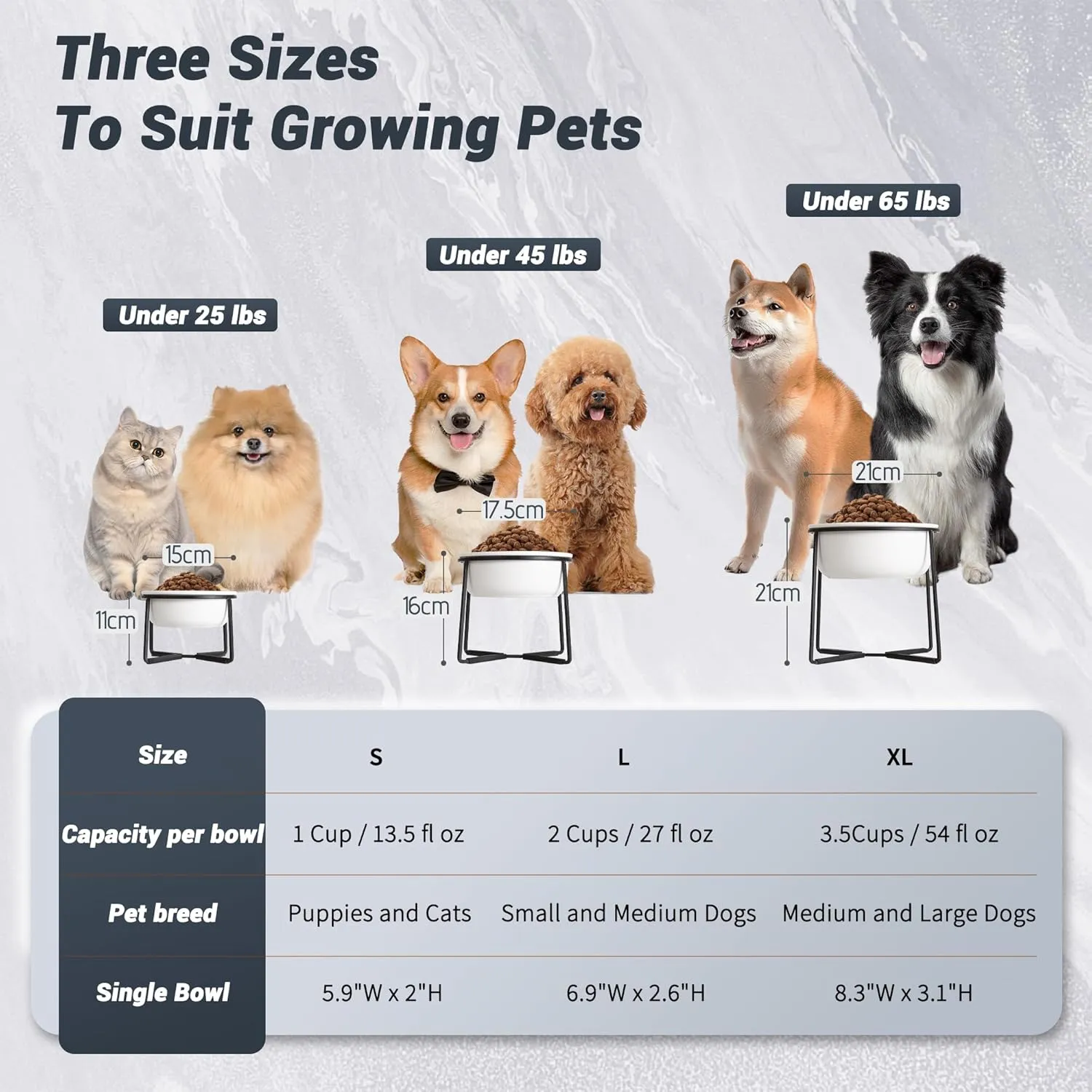 Ceramic Elevated Dog Food Bowl - Raised Feeding Bowl with Metal Stand - Pet Dish for Small and Medium Dogs - 2 Cups - 27 fl oz - Matte White