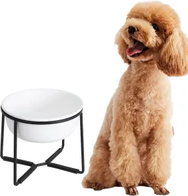 Ceramic Elevated Dog Food Bowl - Raised Feeding Bowl with Metal Stand - Pet Dish for Small and Medium Dogs - 2 Cups - 27 fl oz - Matte White