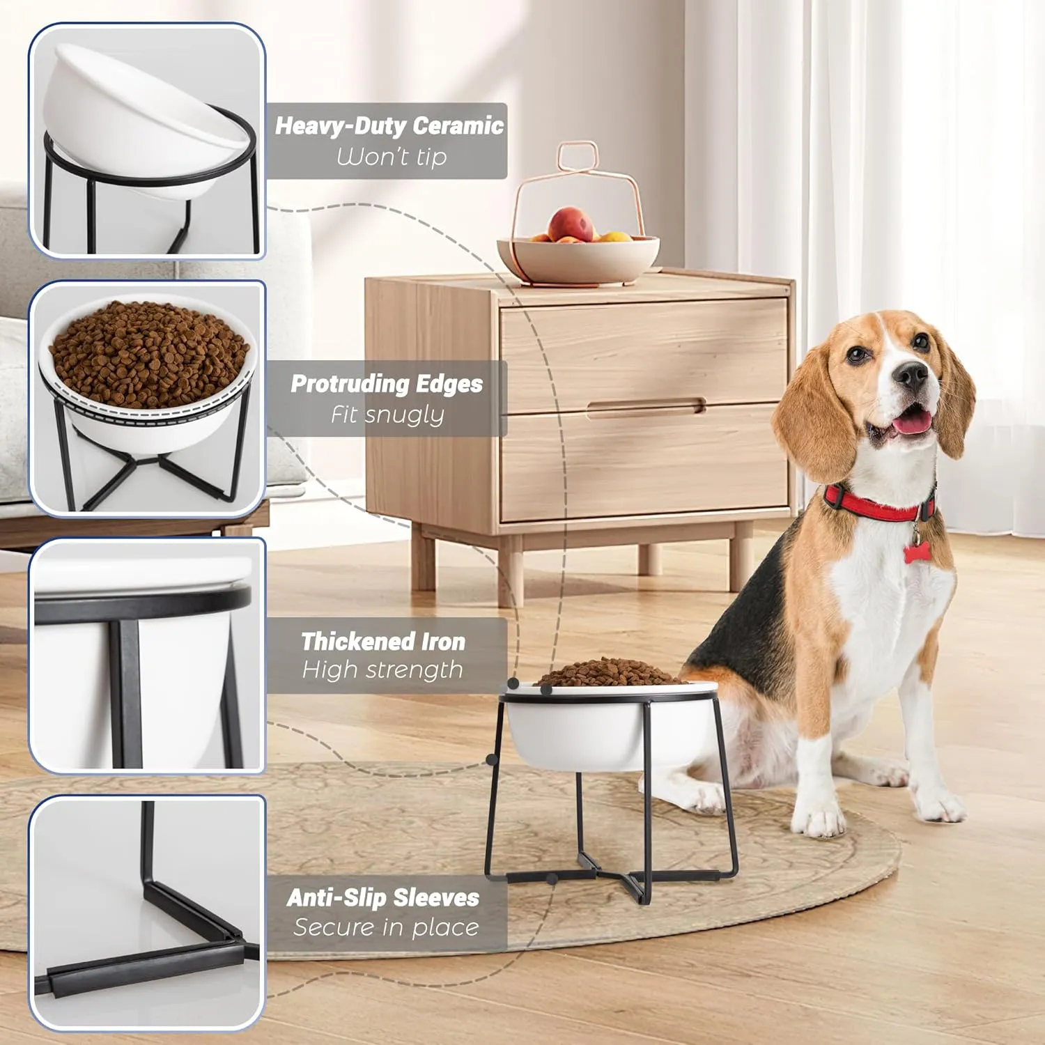 Ceramic Elevated Dog Food Bowl - Raised Feeding Bowl with Metal Stand - Pet Dish for Small and Medium Dogs - 2 Cups - 27 fl oz - Matte White