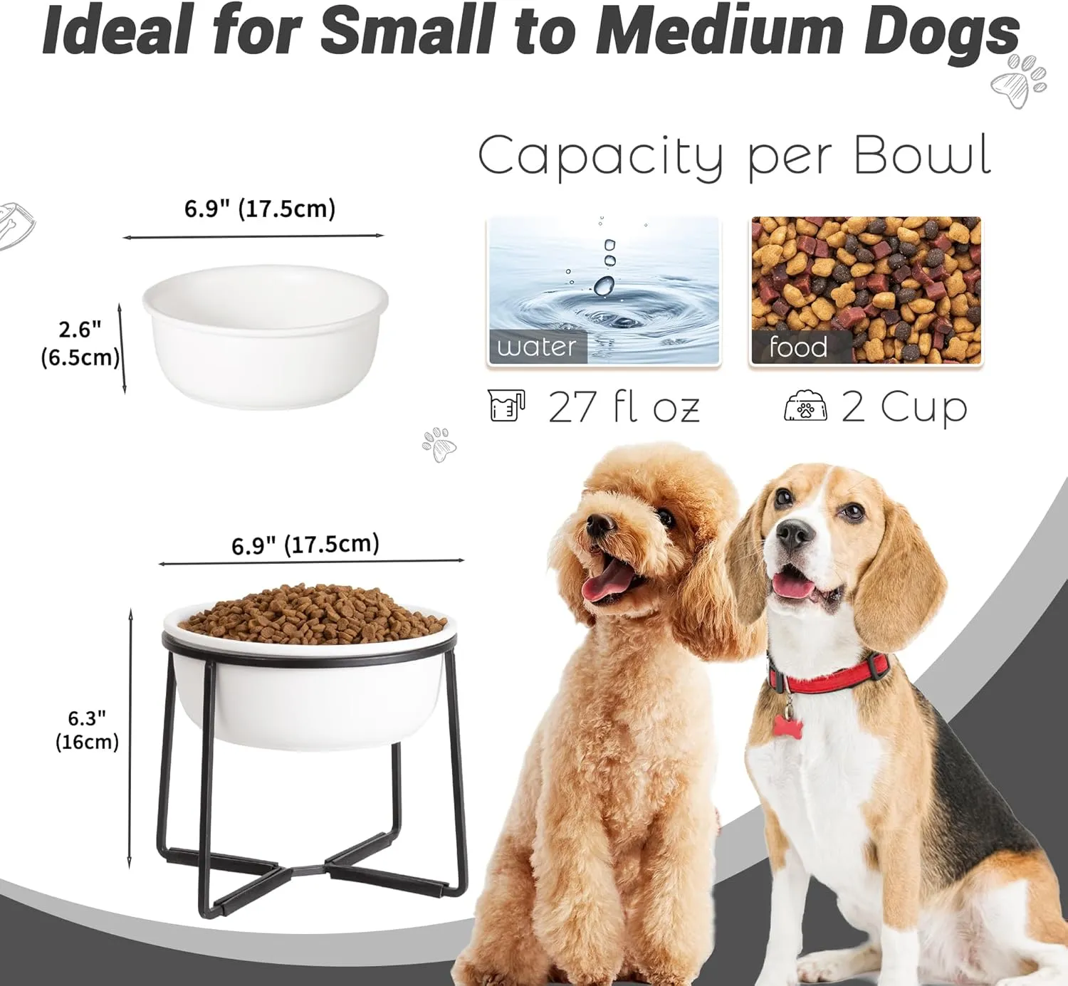 Ceramic Elevated Dog Food Bowl - Raised Feeding Bowl with Metal Stand - Pet Dish for Small and Medium Dogs - 2 Cups - 27 fl oz - Matte White