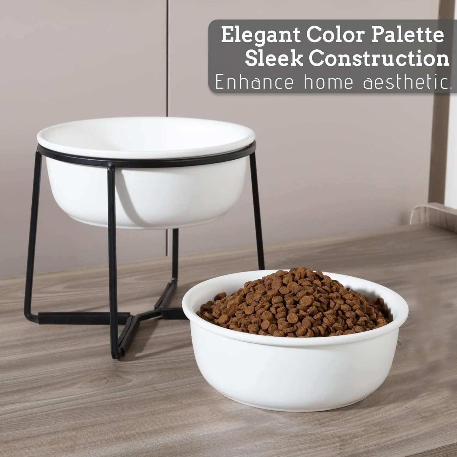 Ceramic Elevated Dog Food Bowl - Raised Feeding Bowl with Metal Stand - Pet Dish for Small and Medium Dogs - 2 Cups - 27 fl oz - Matte White