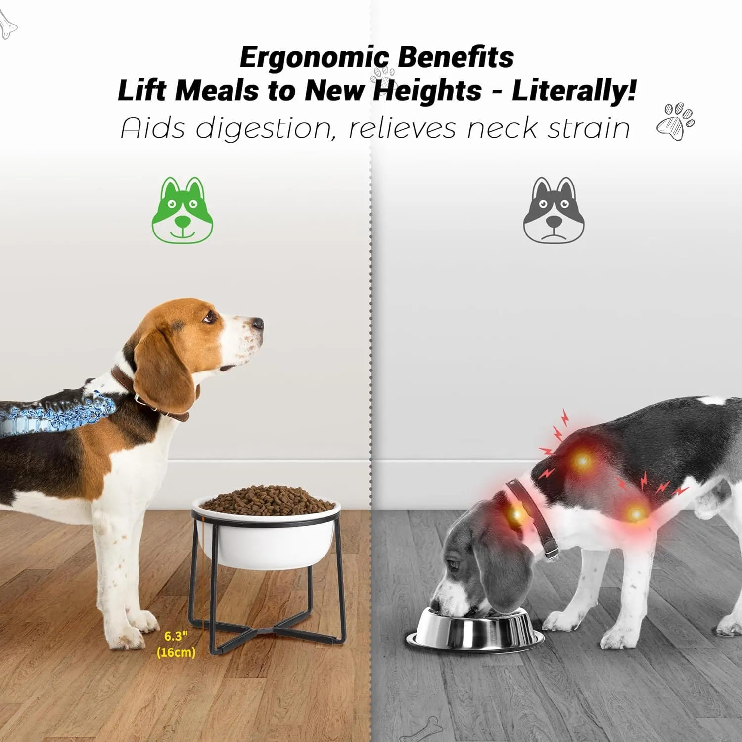 Ceramic Elevated Dog Food Bowl - Raised Feeding Bowl with Metal Stand - Pet Dish for Small and Medium Dogs - 2 Cups - 27 fl oz - Matte White