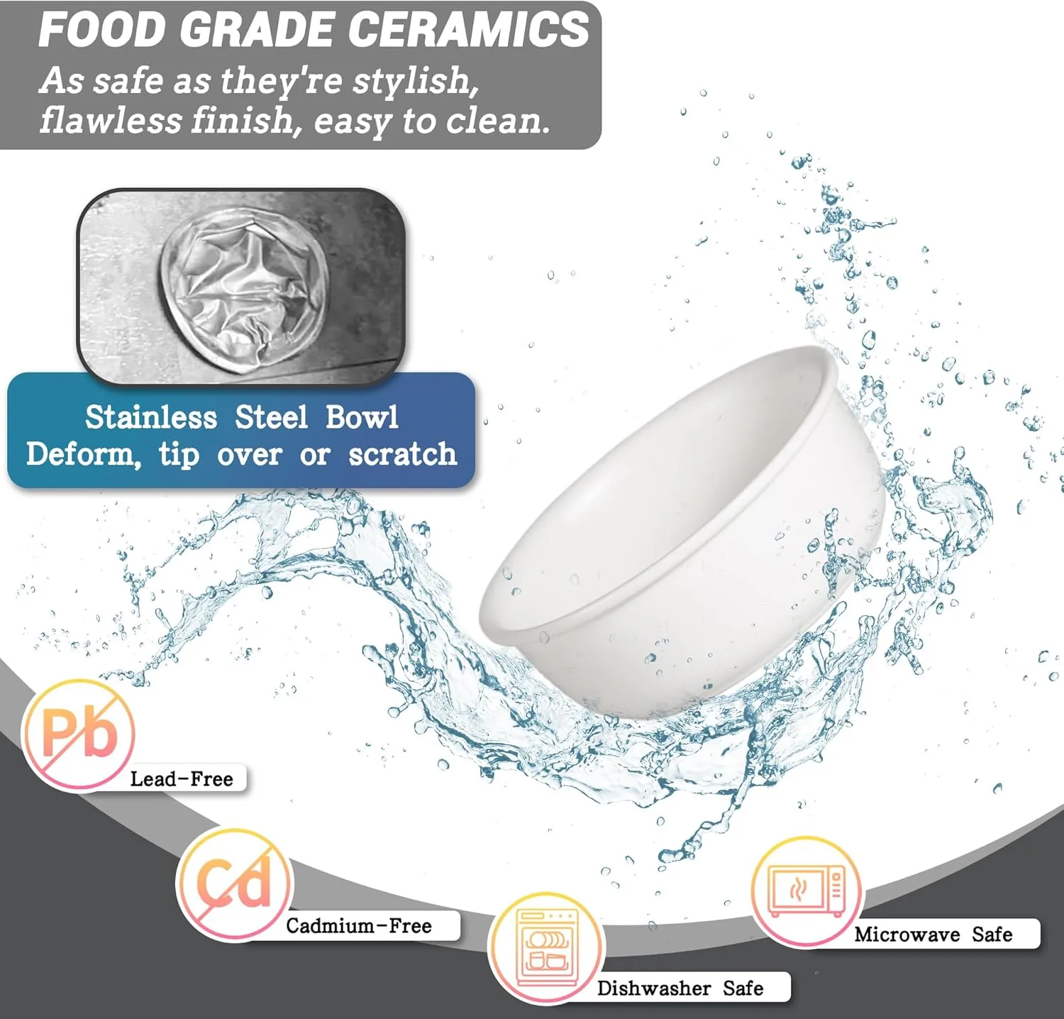 Ceramic Elevated Dog Food Bowl - Raised Feeding Bowl with Metal Stand - Pet Dish for Small and Medium Dogs - 2 Cups - 27 fl oz - Matte White