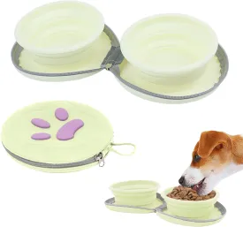 Collapsible Dog Bowls, 2-in-1 Pet Portable Travel Double Bowl Water Food Feeder Traveling Camping & Walking 25oz Light Yellow