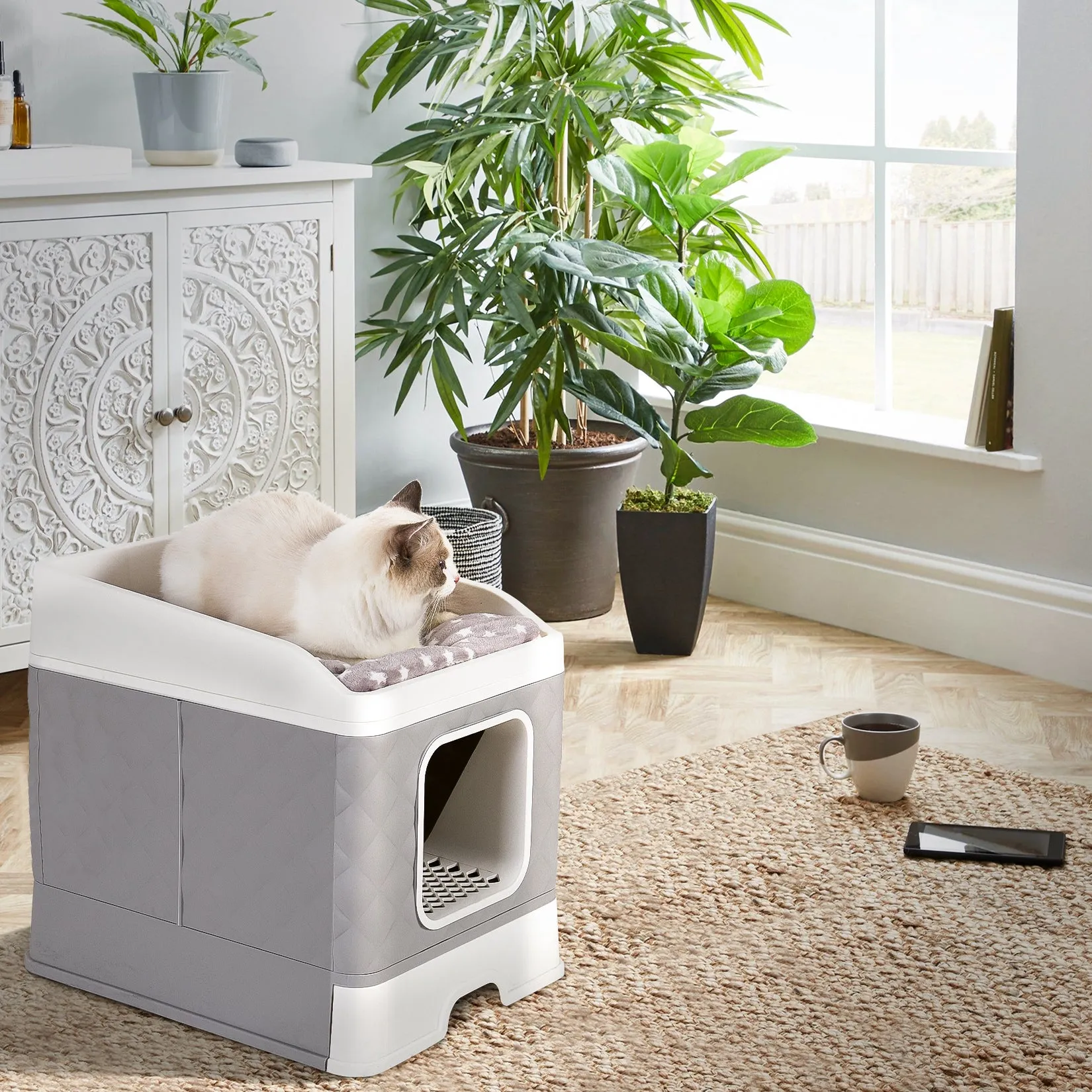 Detachable Cat Litter Box Furniture Top Front-entry Litter Box with Cushion Mat