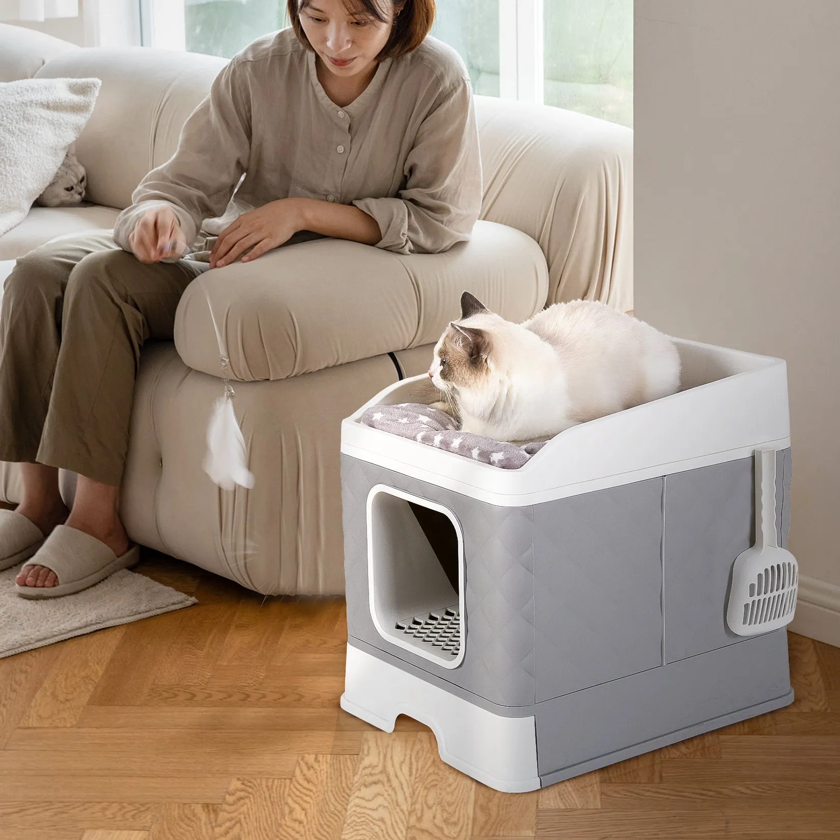 Detachable Cat Litter Box Furniture Top Front-entry Litter Box with Cushion Mat