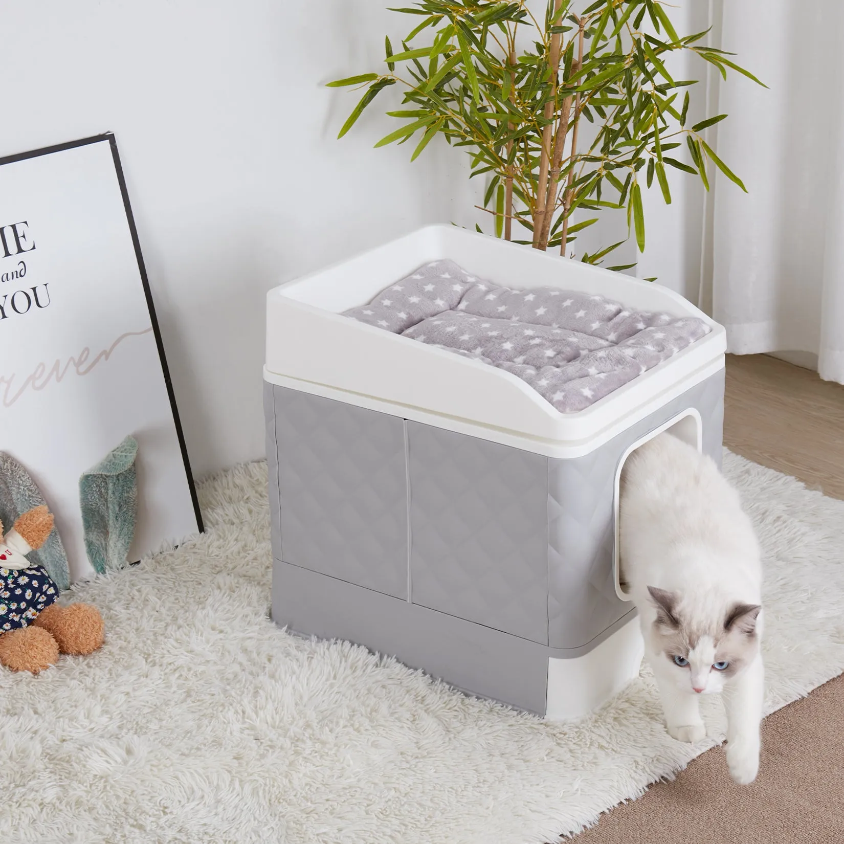 Detachable Cat Litter Box Furniture Top Front-entry Litter Box with Cushion Mat