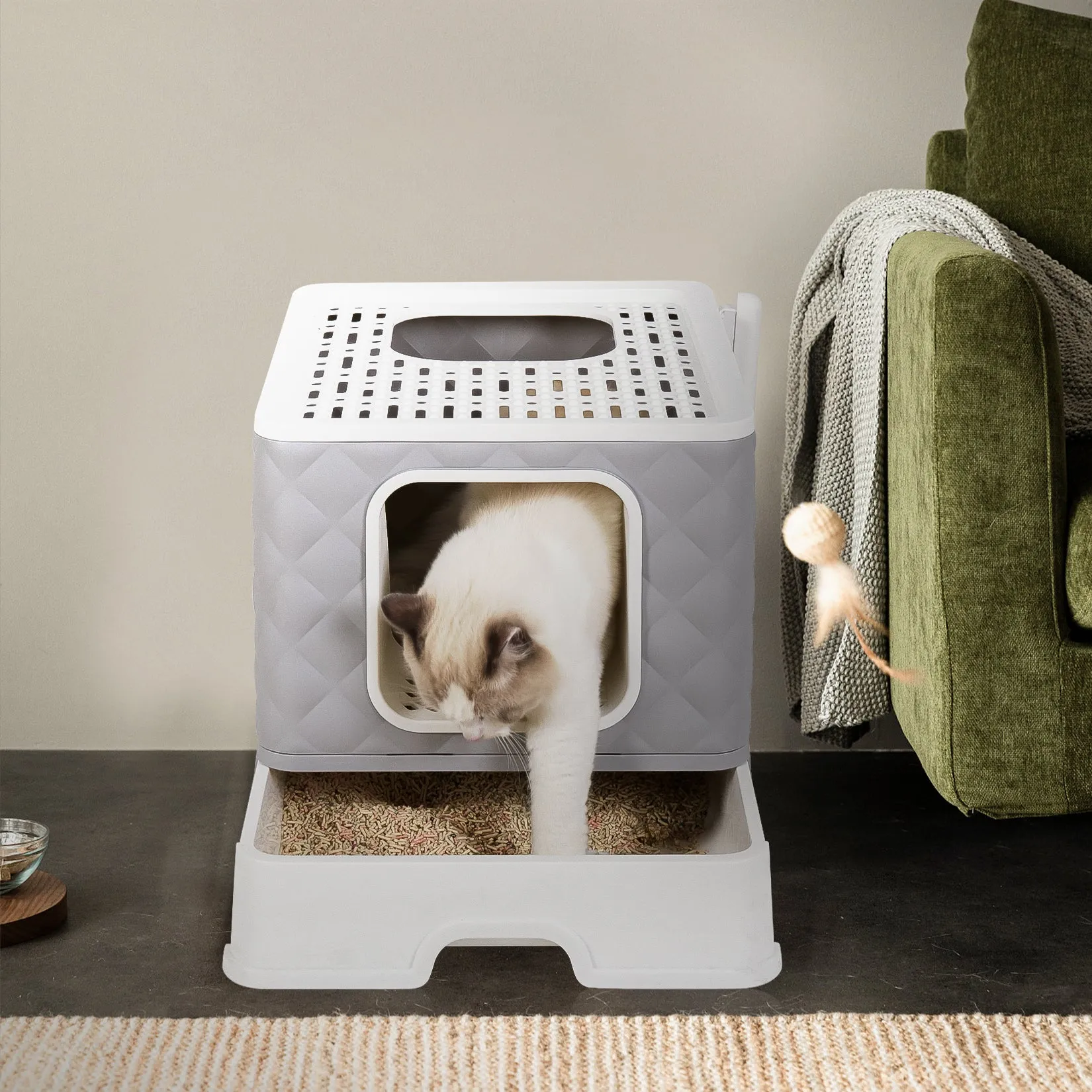 Detachable Cat Litter Box Furniture Top Front-entry Litter Box with Cushion Mat