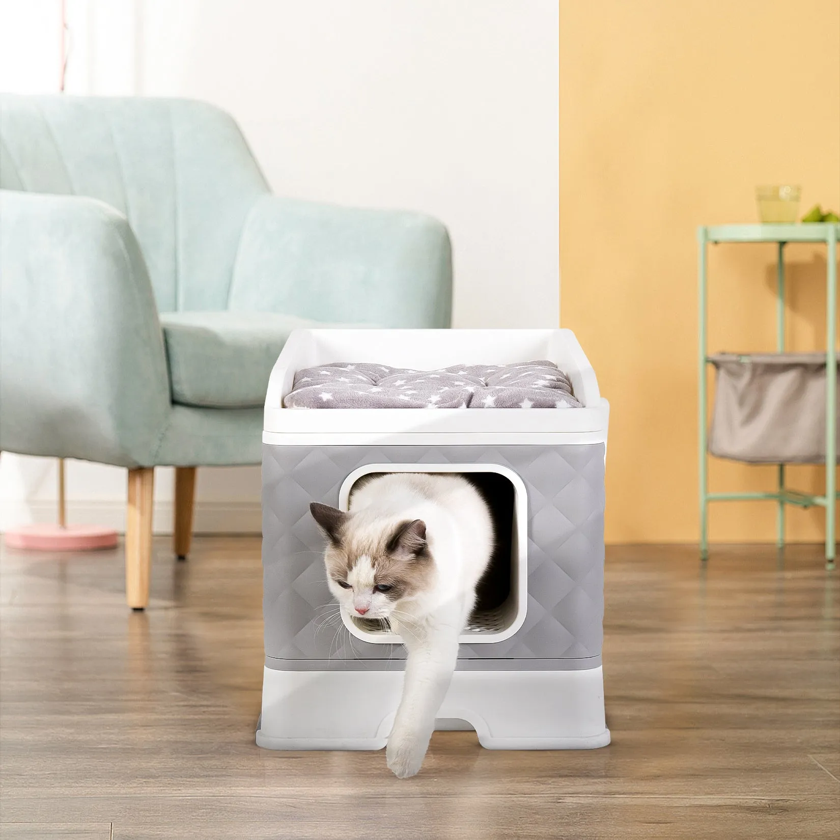Detachable Cat Litter Box Furniture Top Front-entry Litter Box with Cushion Mat