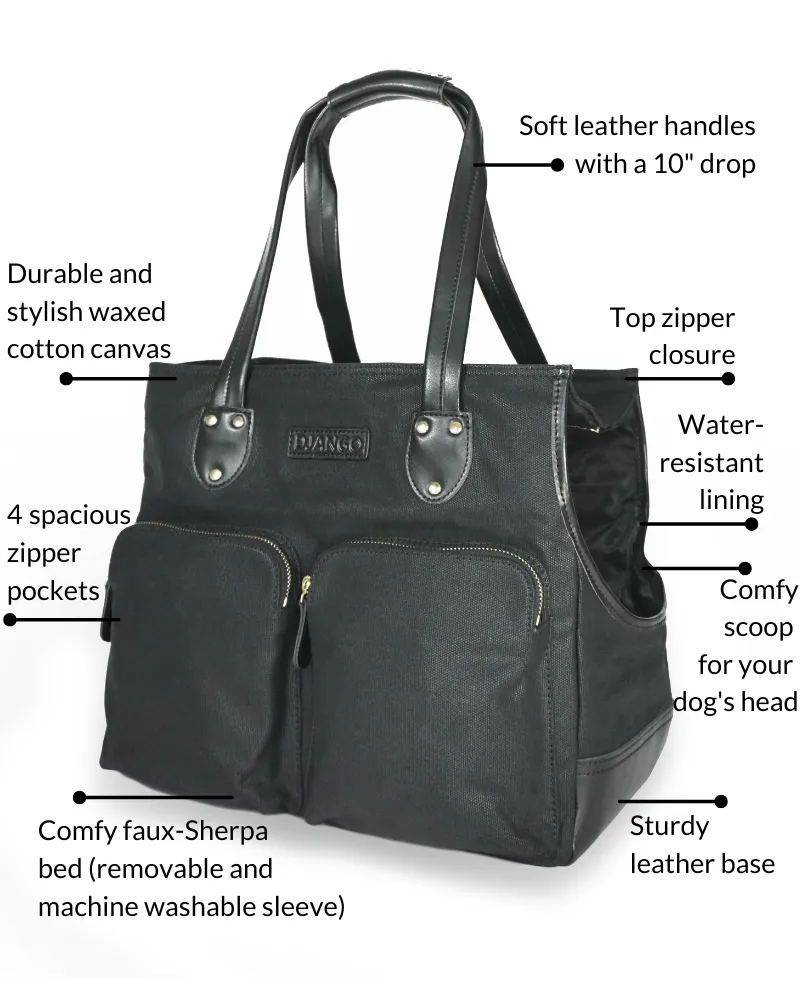 Dog Carrier Bag - Waxed Canvas & Leather Pet Travel Tote - Black