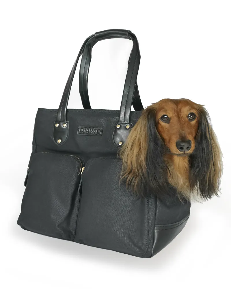 Dog Carrier Bag - Waxed Canvas & Leather Pet Travel Tote - Black