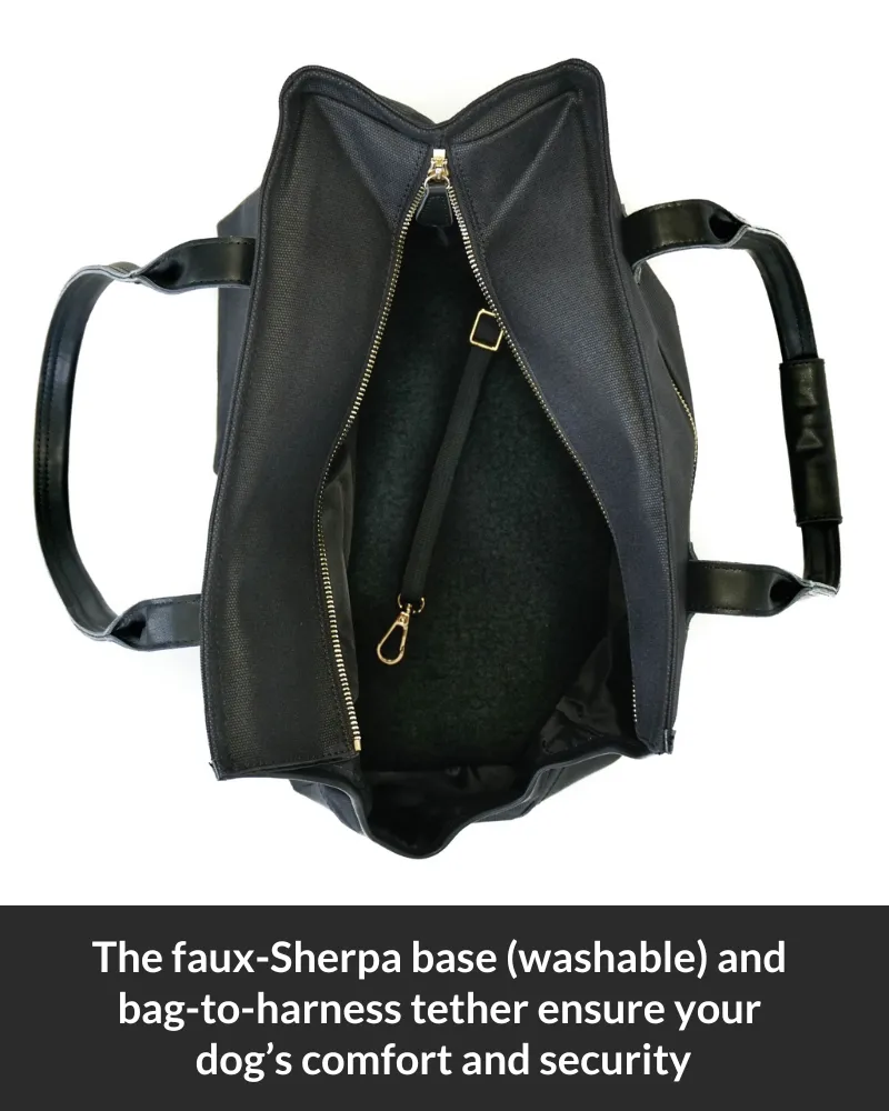 Dog Carrier Bag - Waxed Canvas & Leather Pet Travel Tote - Black