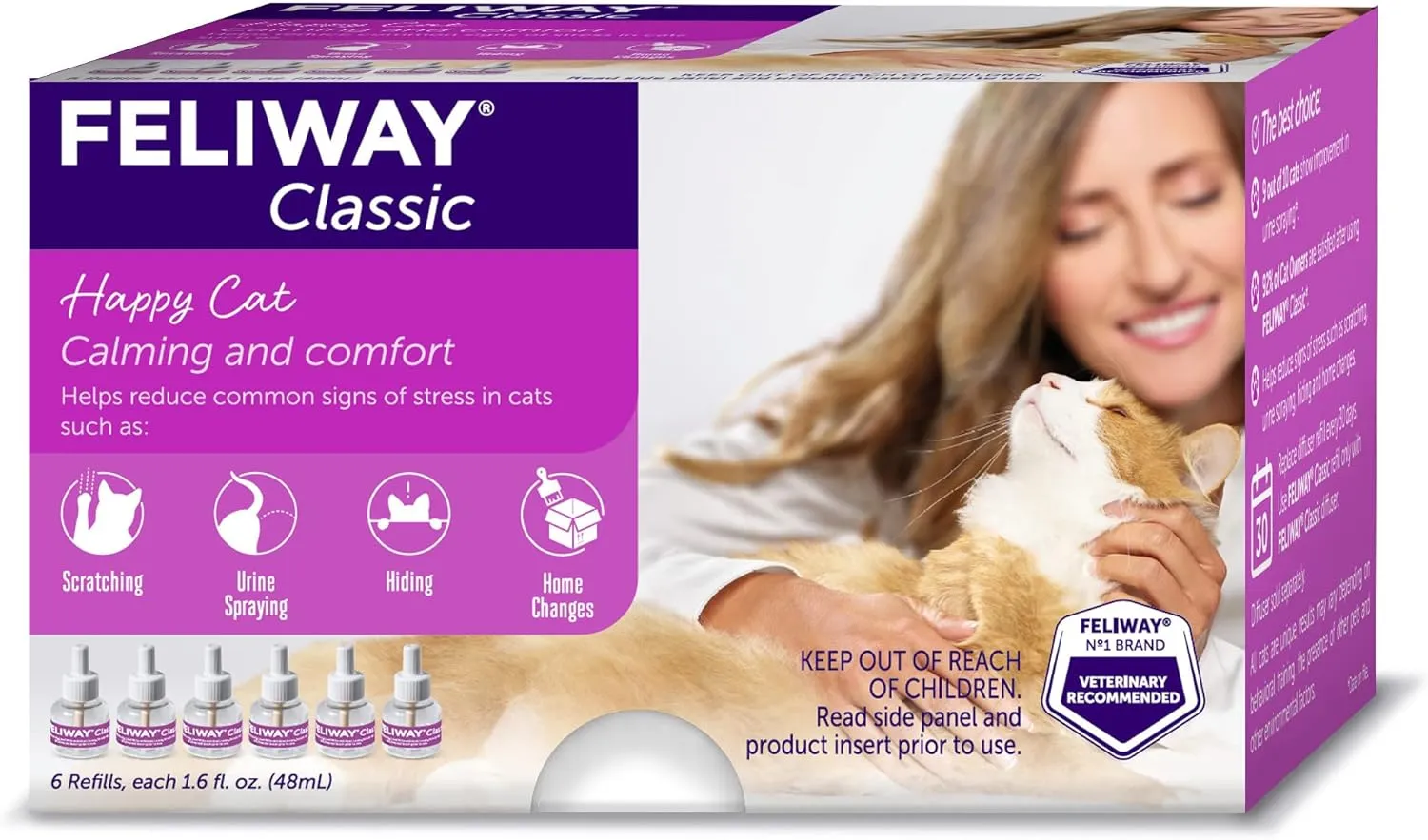 FELIWAY Classic 6 x 30 Day Cat Calming Refills for Pheromone Diffuser, 6 x 48ml Value Pack - Helps Reduce Common Signs of Stress in Cats & Kittens, Enhanced Calming