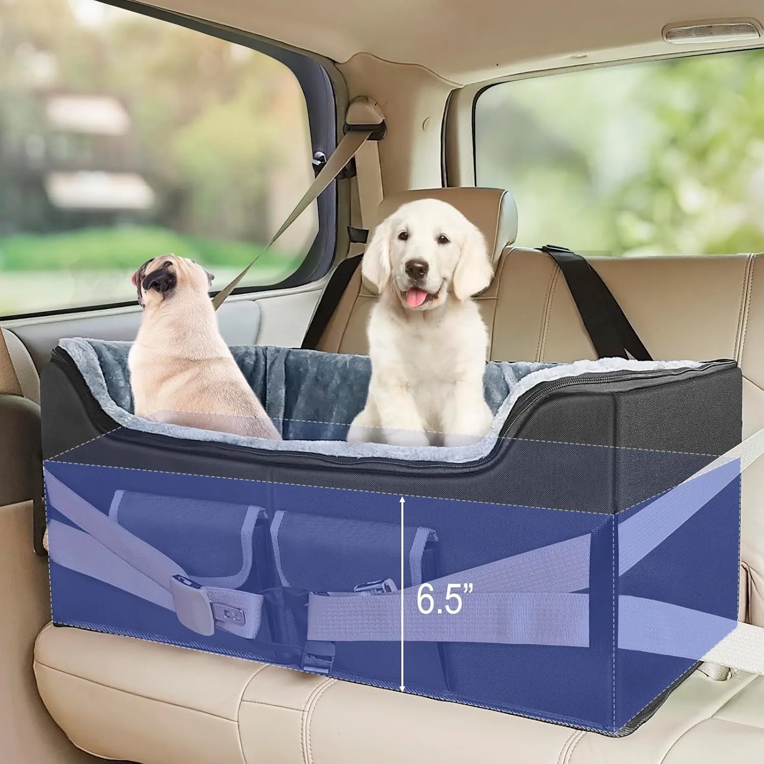 INFANZIA Dog Car Booster Seat, Elevated Pet Car Seats for Large Medium Dogs with Safety Leash, Washable Lookout Puppy Travel Seat with Storage Pockets for Pets Under 55 lbs (Large, Black)